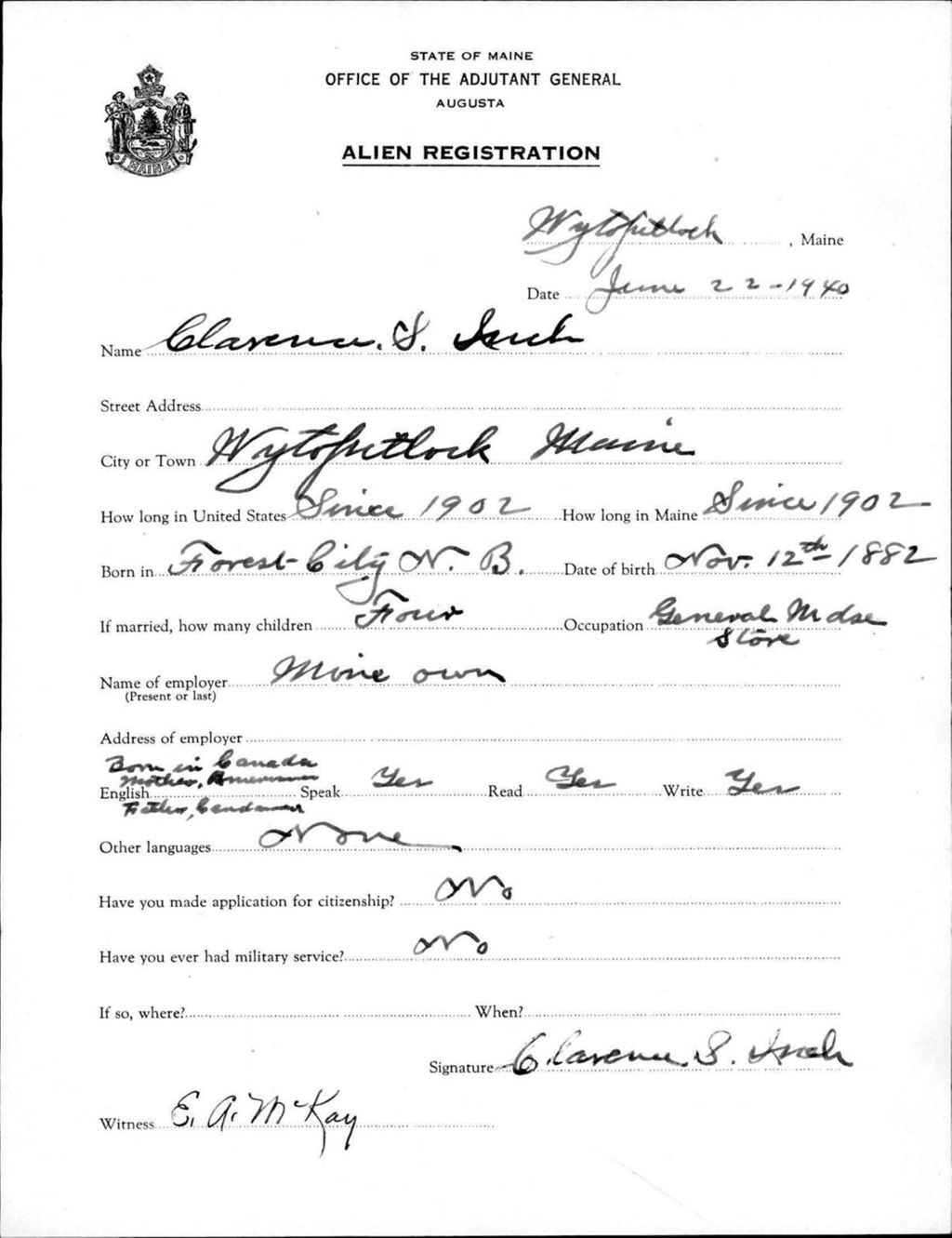 Miniature of Alien Registration- Irish, Clarence S. (Reed Plantation, Aroostook County)