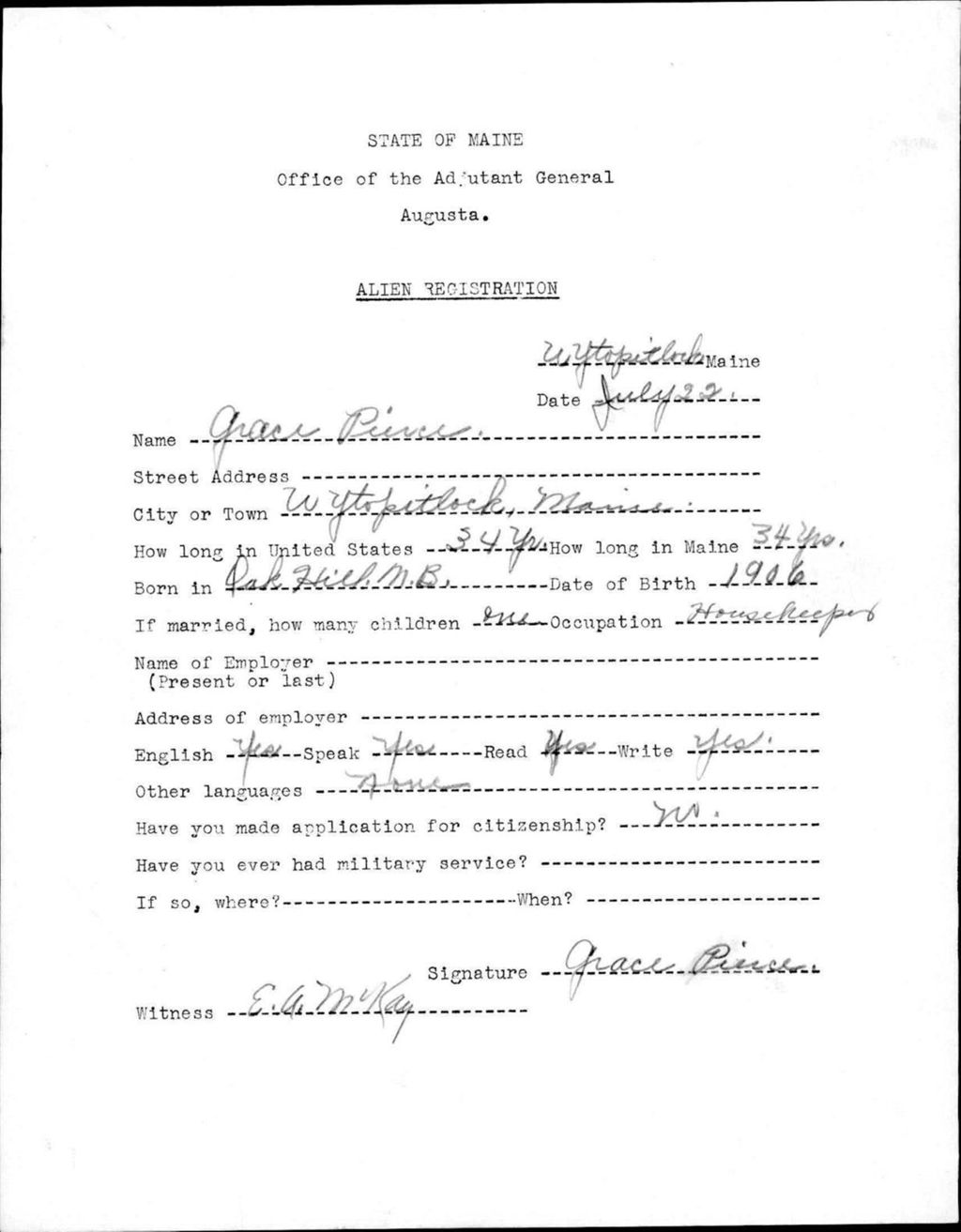 Miniature of Alien Registration- Pierce, Grace (Reed Plantation, Aroostook County)