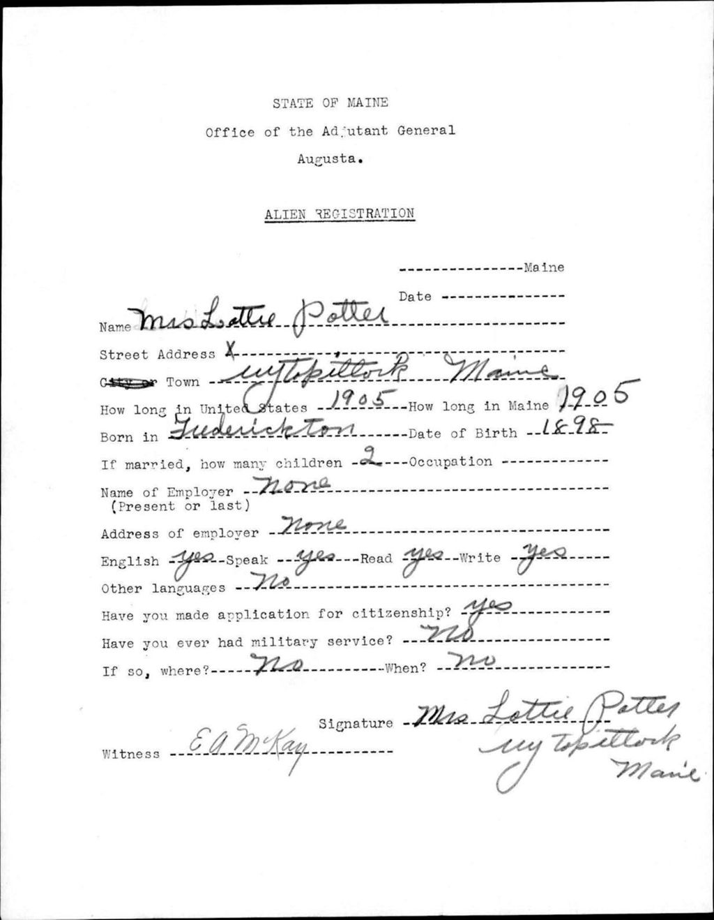 Miniature of Alien Registration- Potter, Lottie (Reed Plantation, Aroostook County)