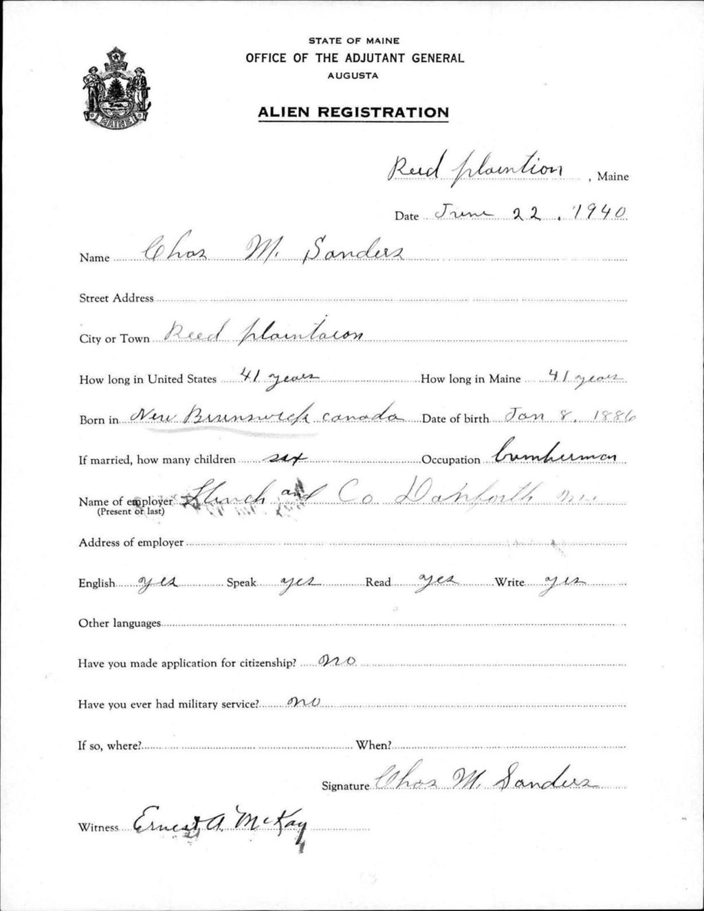 Miniature of Alien Registration- Sanders, Charles M. (Reed Plantation, Aroostook County)