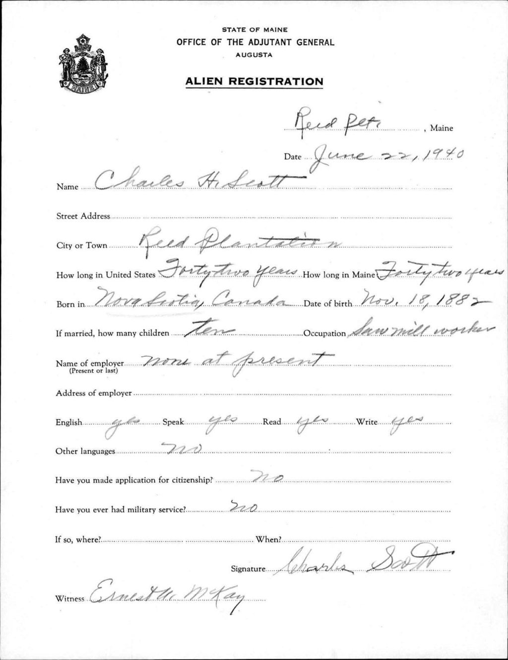 Miniature of Alien Registration- Scott, Charles H. (Reed Plantation, Aroostook County)