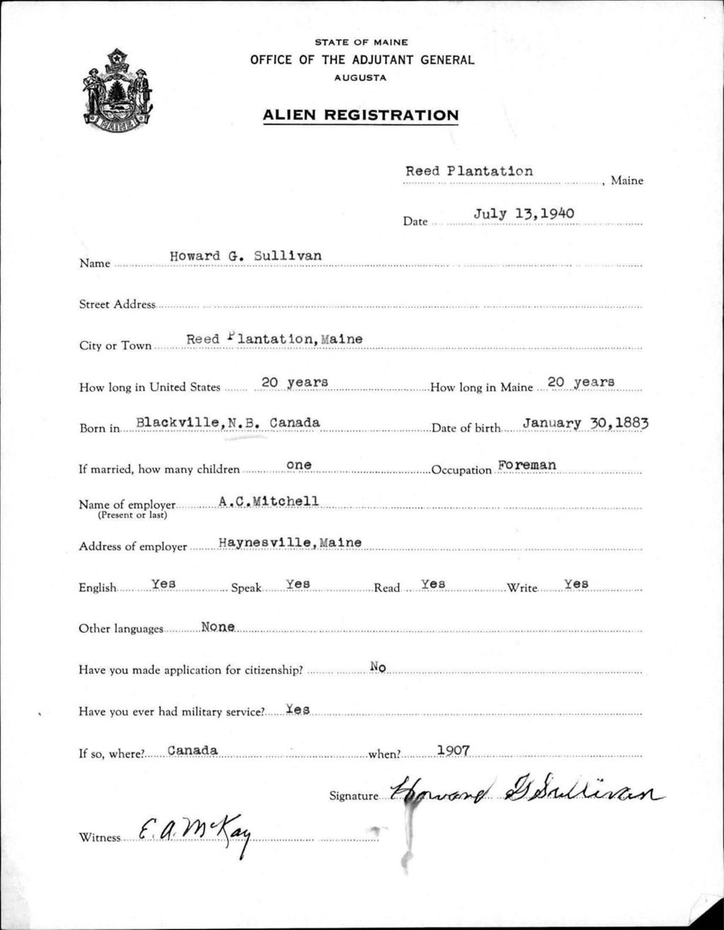 Miniature of Alien Registration- Sullivan, Howard G. (Reed Plantation, Aroostook County)
