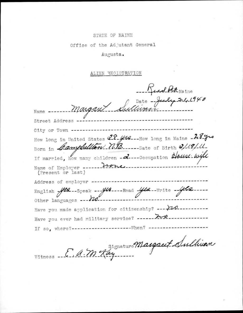 Miniature of Alien Registration- Sullivan, Margaret (Reed Plantation, Aroostook County)