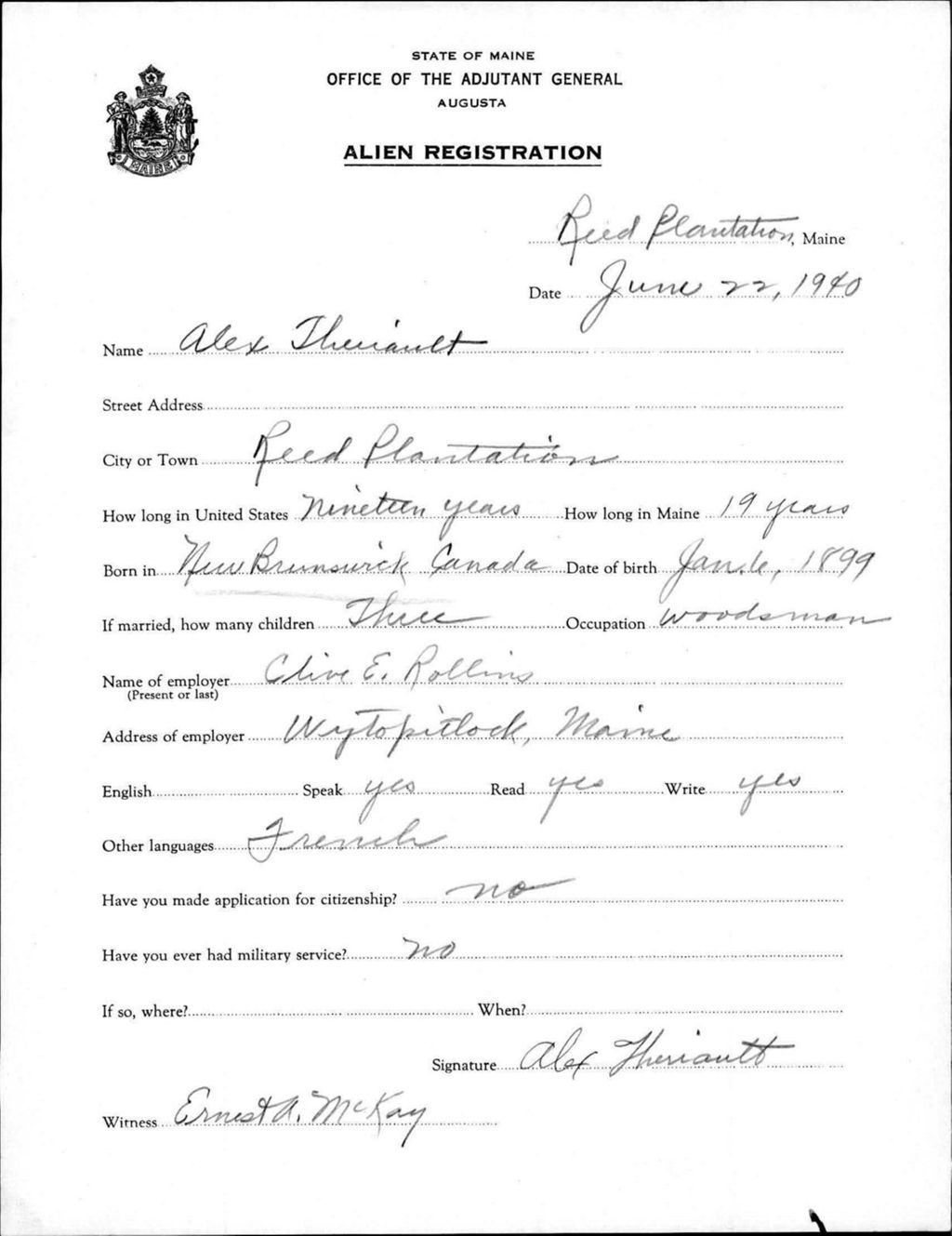 Miniature of Alien Registration- Theriault, Alex (Reed Plantation, Aroostook County)
