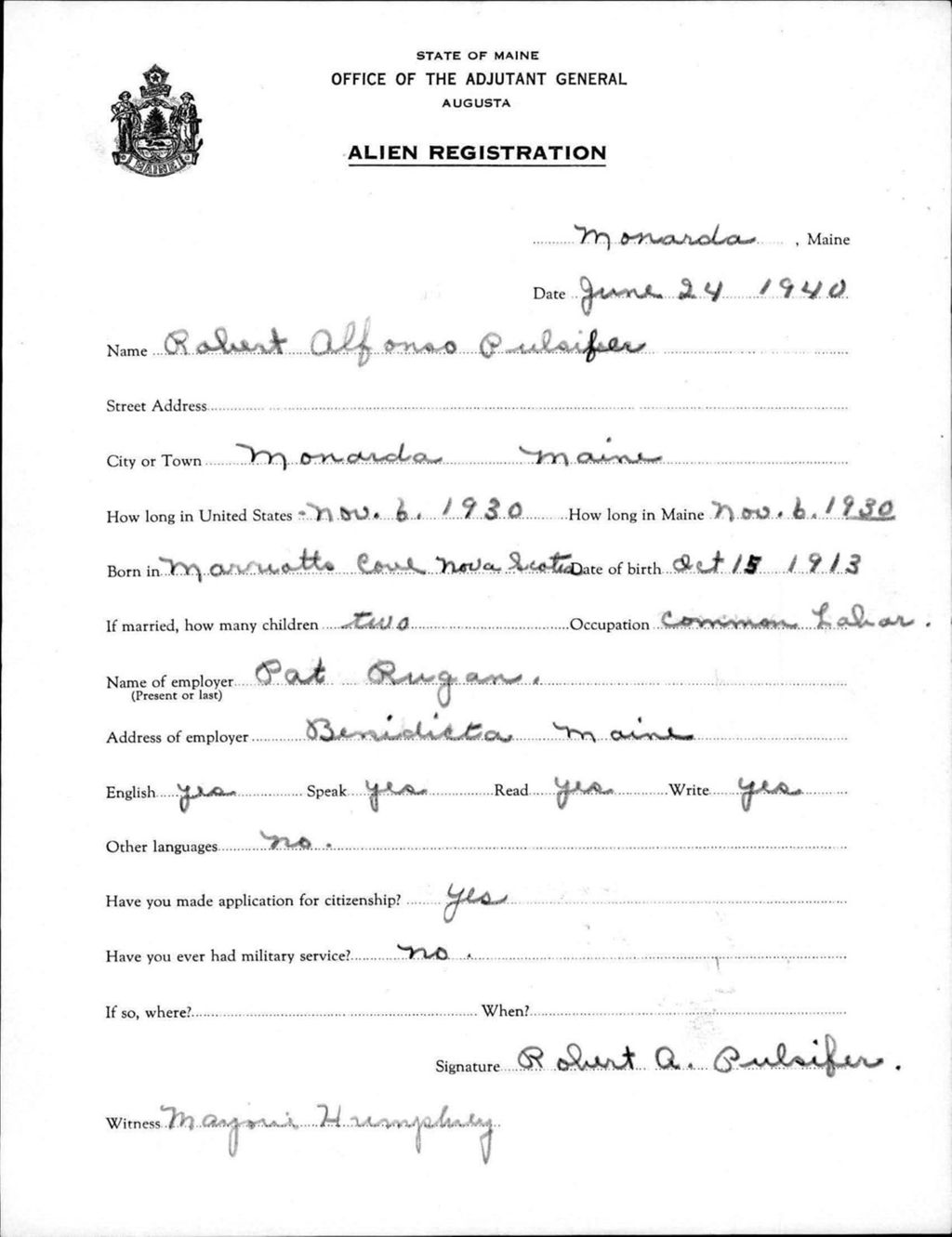 Miniature of Alien Registration- Pulsifer, Robert A. (Saint John Plantation, Aroostook County)