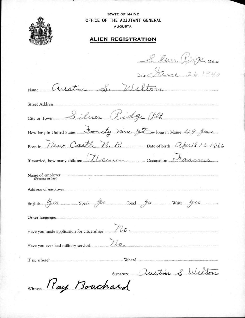 Miniature of Alien Registration- Wilton, Austin S. (Saint John Plantation, Aroostook County)