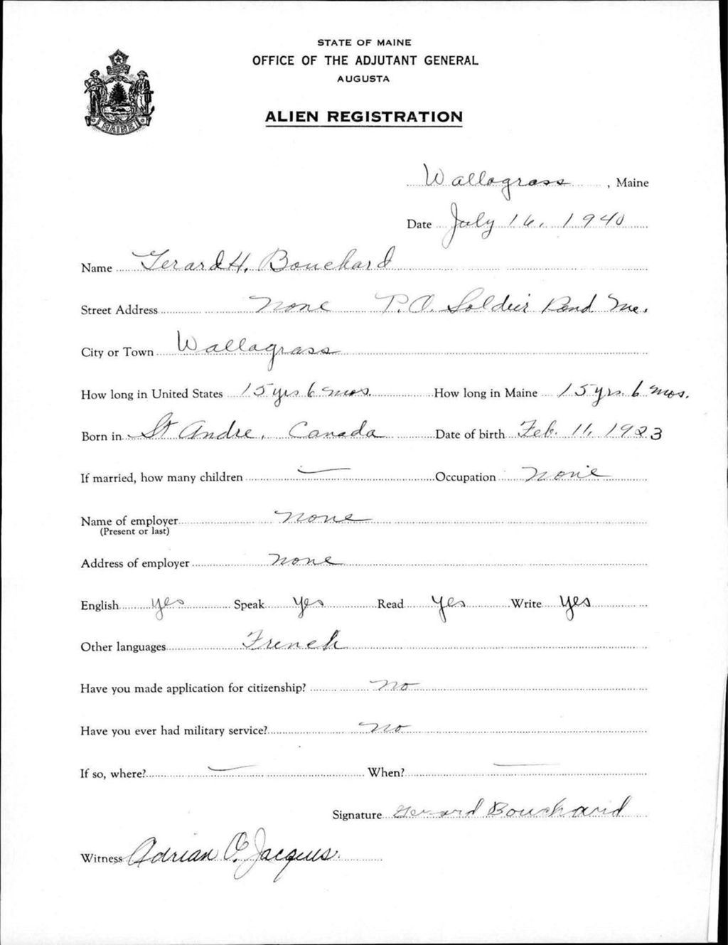 Miniature of Alien Registration- Bouchard, Gerard H. (Saint John Plantation, Aroostook County)