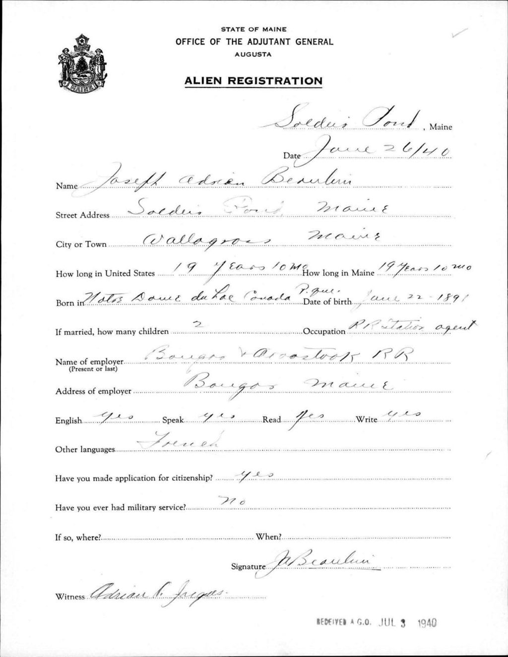 Miniature of Alien Registration- Beaulien, Joseph A. (Saint John Plantation, Aroostook County)