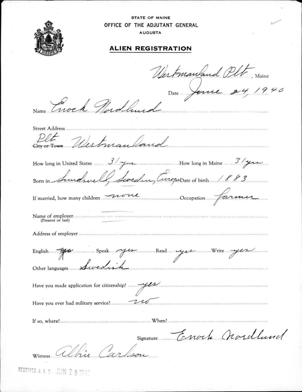 Miniature of Alien Registration- Nordlund, Enoch (Saint John Plantation, Aroostook County)