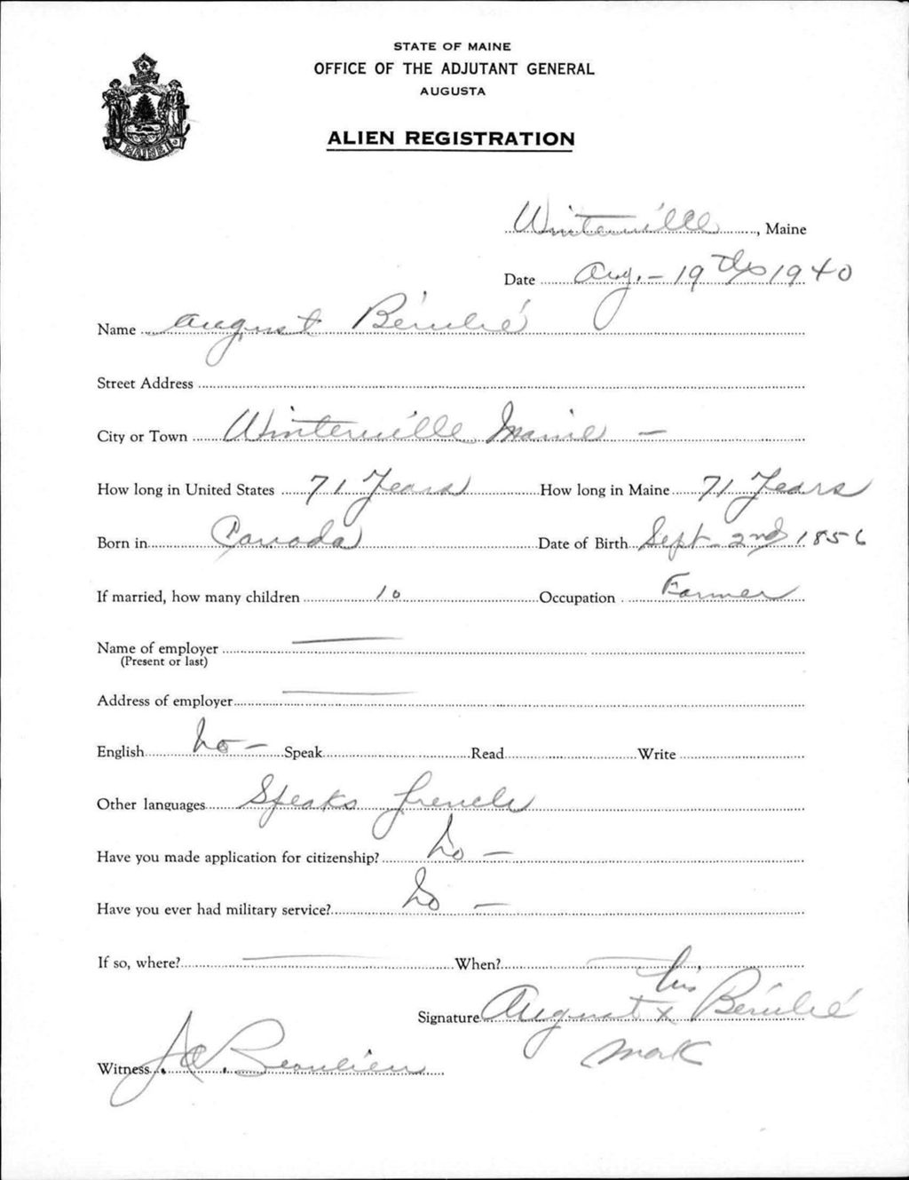 Miniature of Alien Registration- Berube, August (Saint John Plantation, Aroostook County)