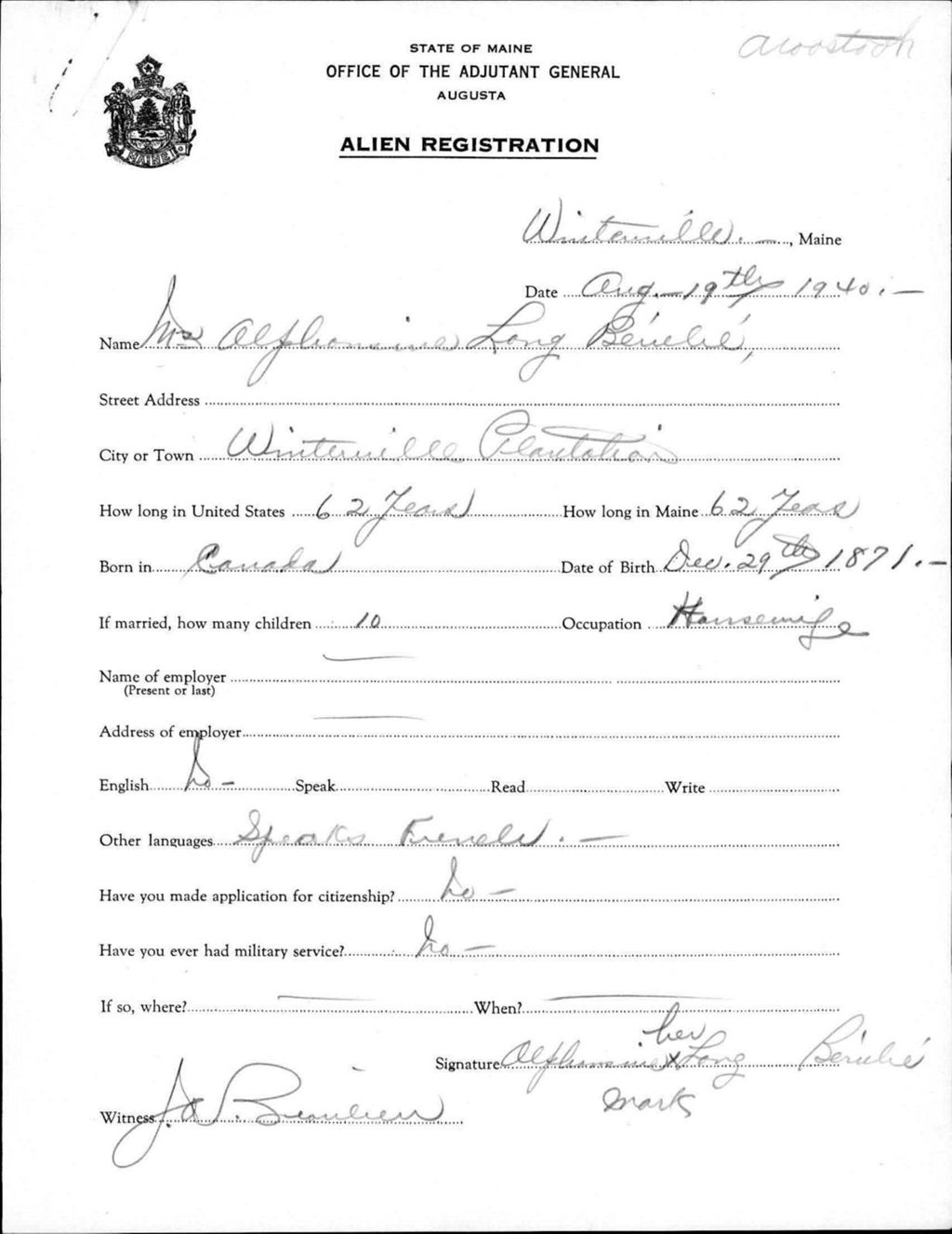 Miniature of Alien Registration- Long, Alphonsine (Winterville Plantation, Aroostook County)