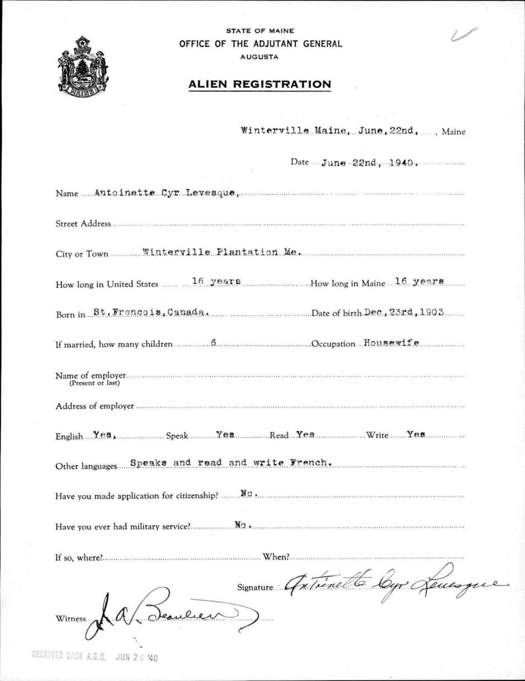Miniature of Alien Registration- Cyr, Antoinette (Saint John Plantation, Aroostook County)