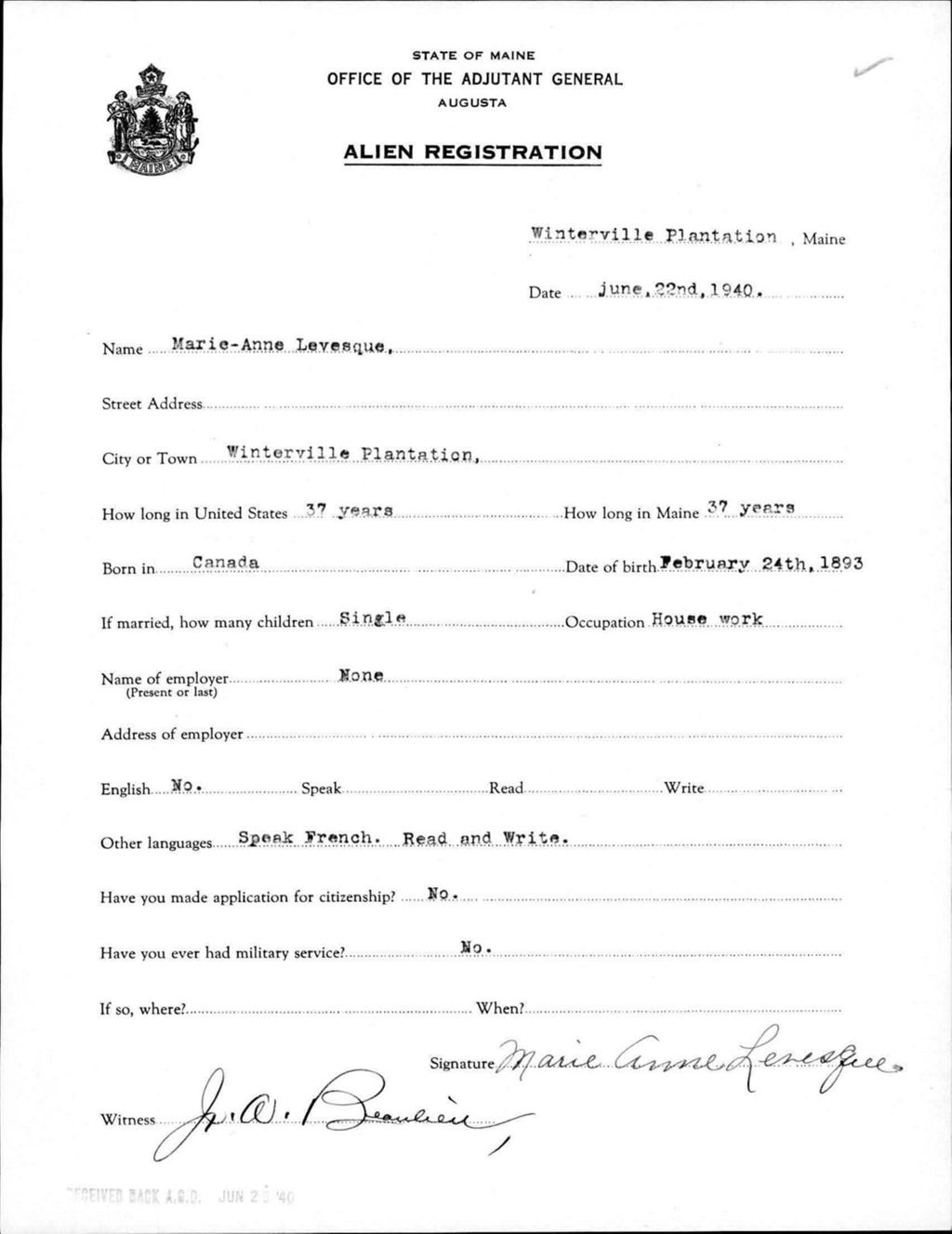 Miniature of Alien Registration- Levesque, Marie-Anne (Saint John Plantation, Aroostook County)