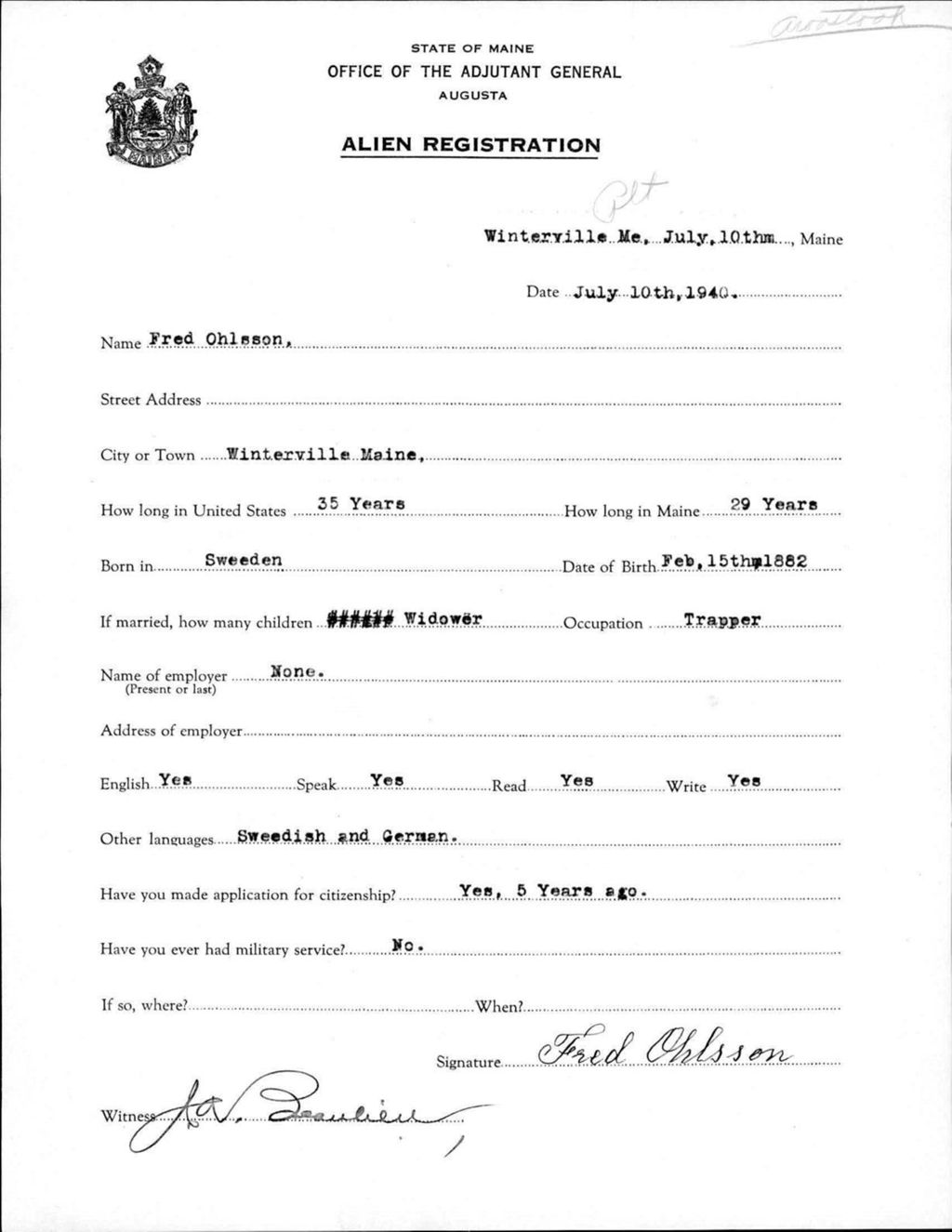 Miniature of Alien Registration- Ohlsson, Fred (Saint John Plantation, Aroostook County)