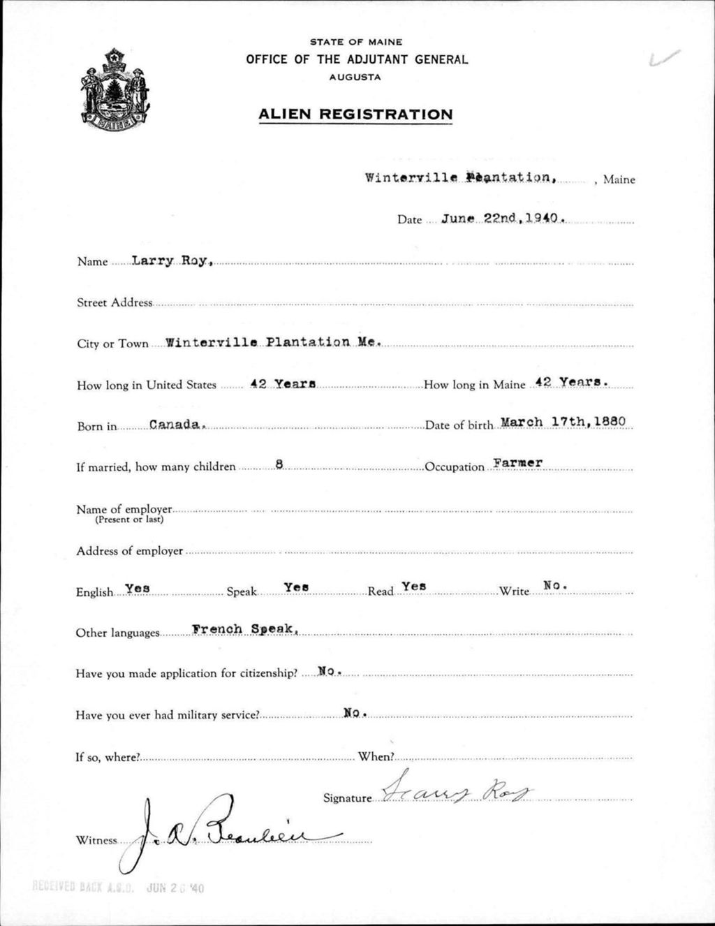 Miniature of Alien Registration- Roy, Larry (Saint John Plantation, Aroostook County)