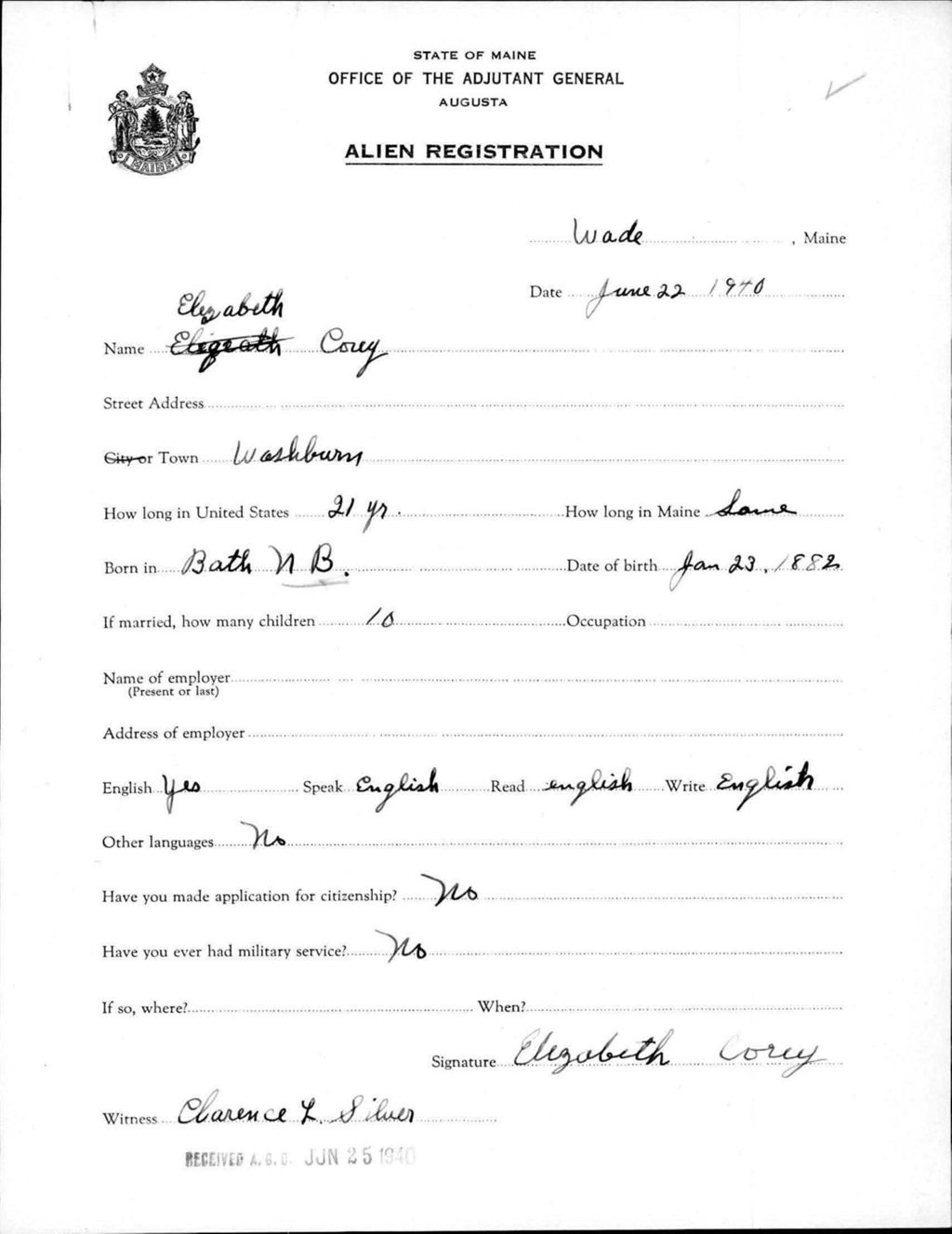 Miniature of Alien Registration- Corey, Elizabeth (Wade, Aroostook County)