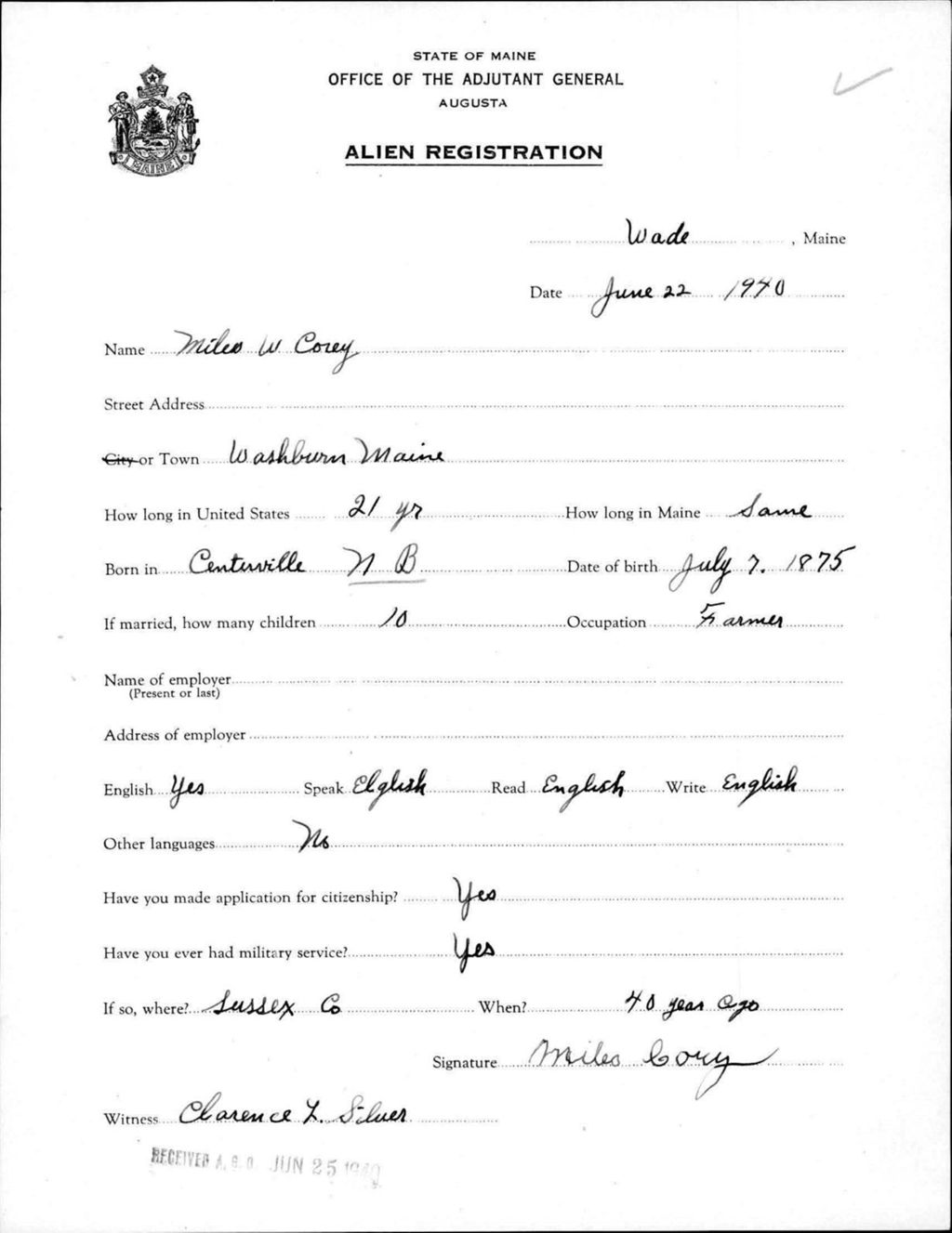 Miniature of Alien Registration- Corey, Mileo W. (Wade, Aroostook County)