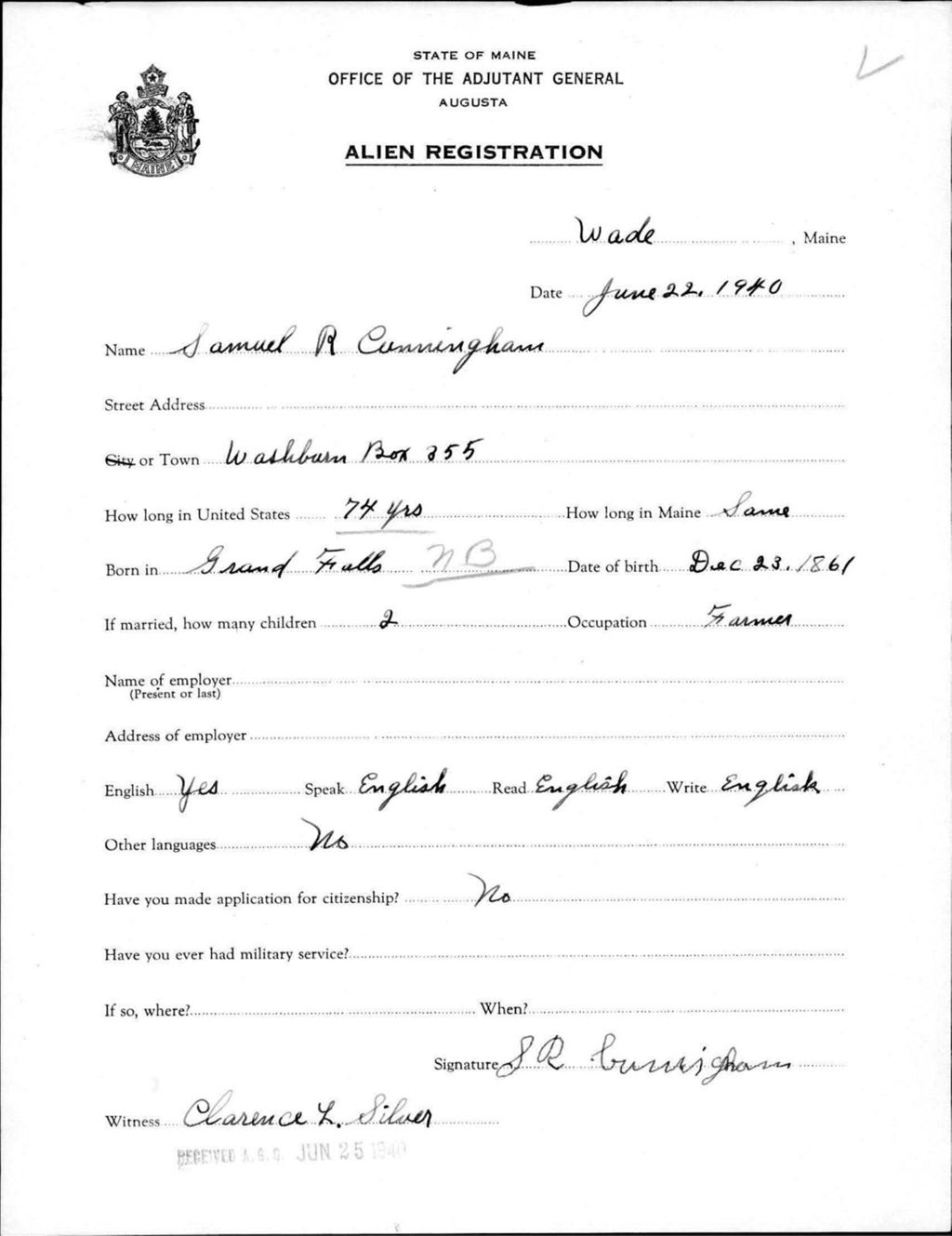 Miniature of Alien Registration- Cunningham, Samuel R. (Wade, Aroostook County)
