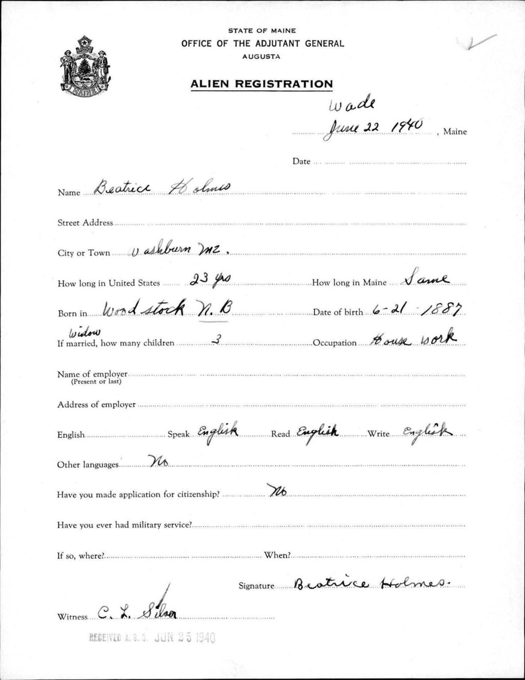 Miniature of Alien Registration- Holmes, Beatrice (Wade, Aroostook County)