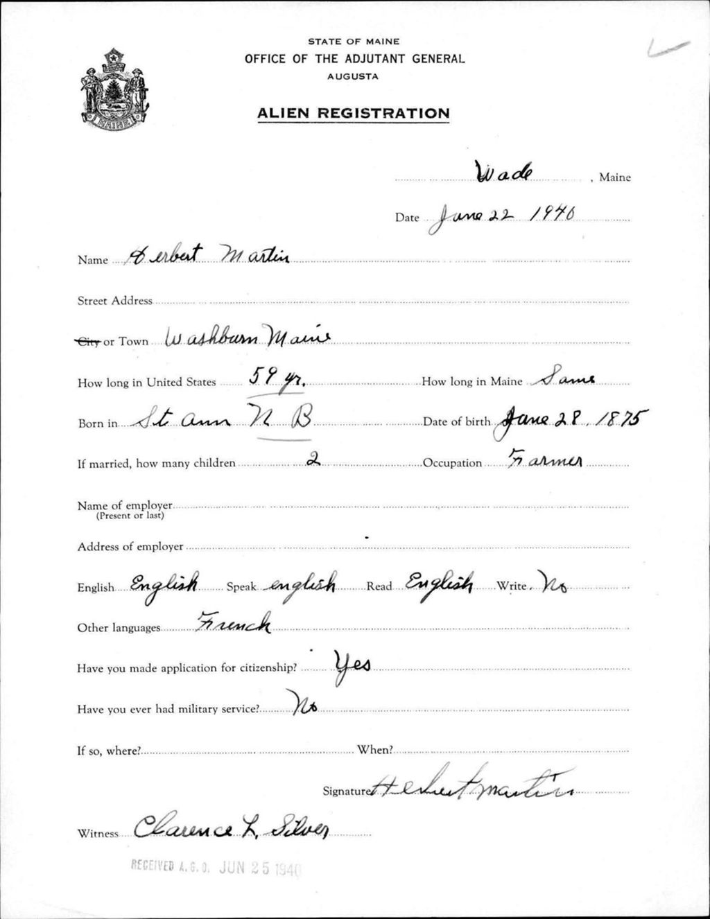 Miniature of Alien Registration- Martin, Herbert (Wade, Aroostook County)