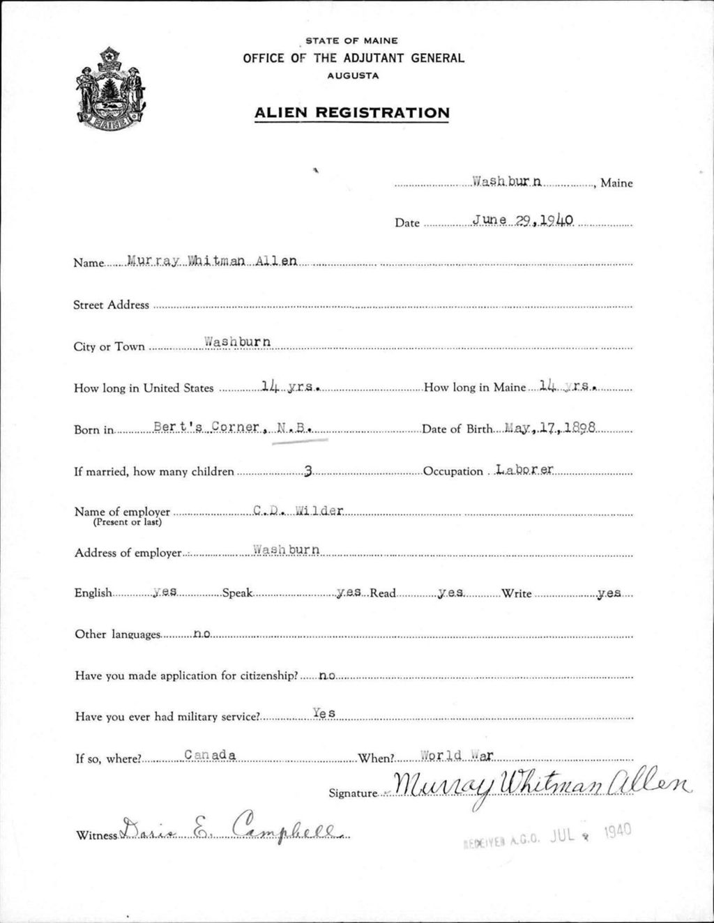 Miniature of Alien Registration- Allen, Murray W. (Wade, Aroostook County)