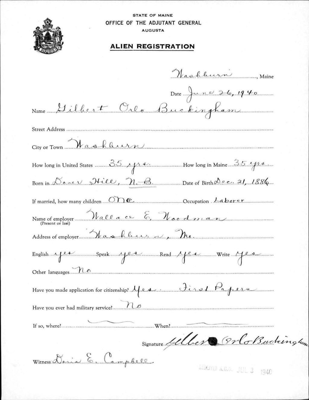 Miniature of Alien Registration- Buckingham, Gilbert O. (Wade, Aroostook County)