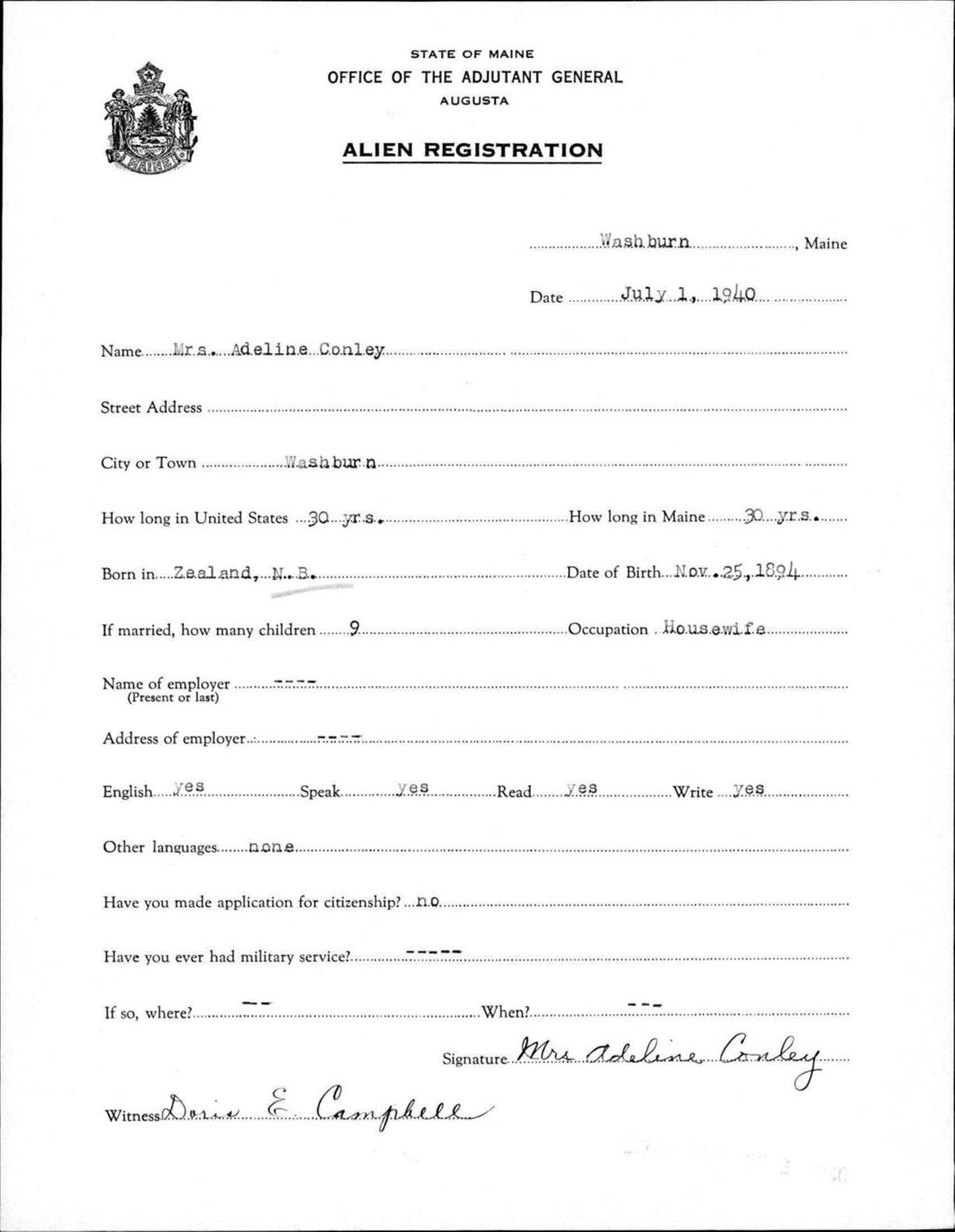 Miniature of Alien Registration- Conley, Adeline (Wade, Aroostook County)