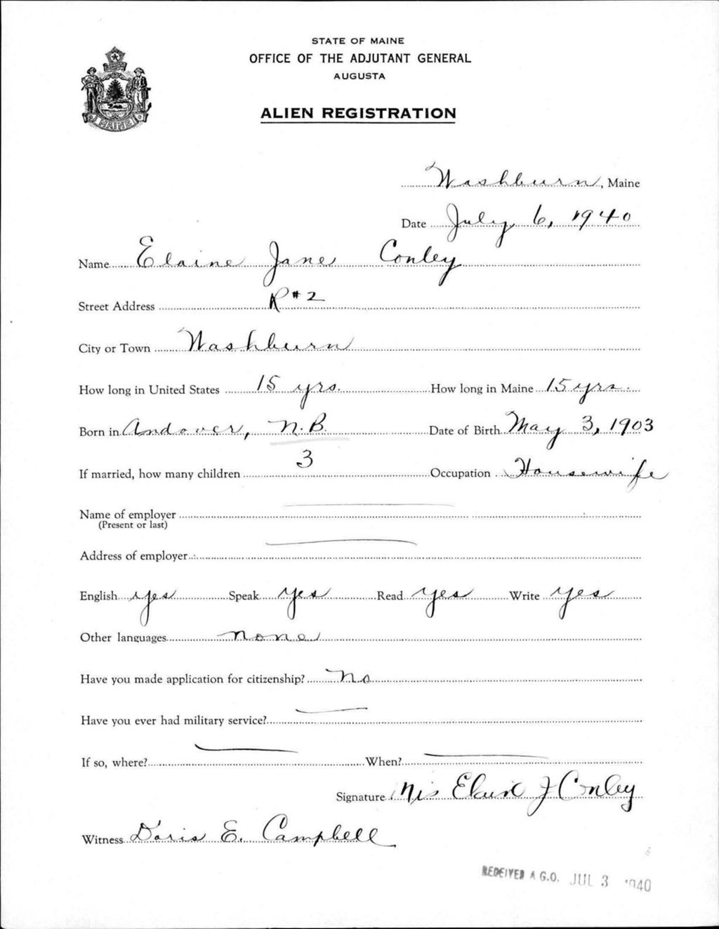 Miniature of Alien Registration- Conley, Elaine J. (Wade, Aroostook County)