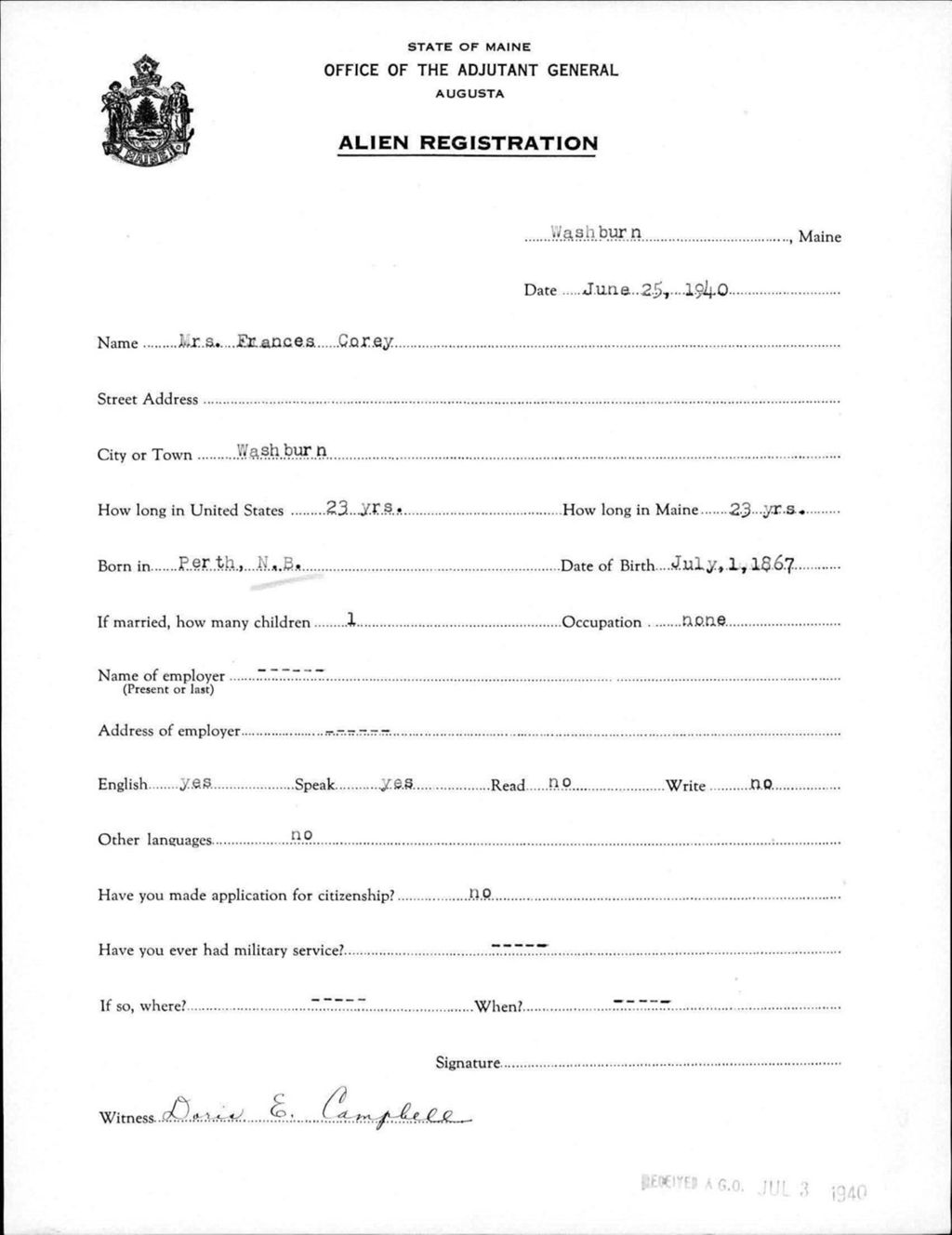 Miniature of Alien Registration- Corey, Frances (Wade, Aroostook County)