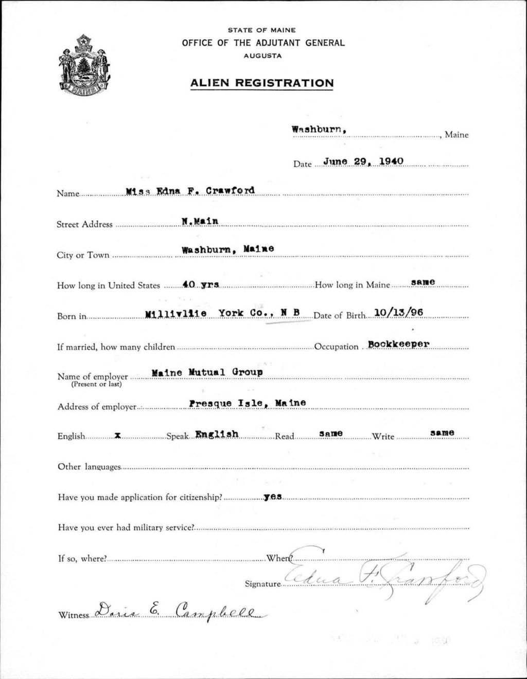 Miniature of Alien Registration- Crawford, Edna F. (Wade, Aroostook County)