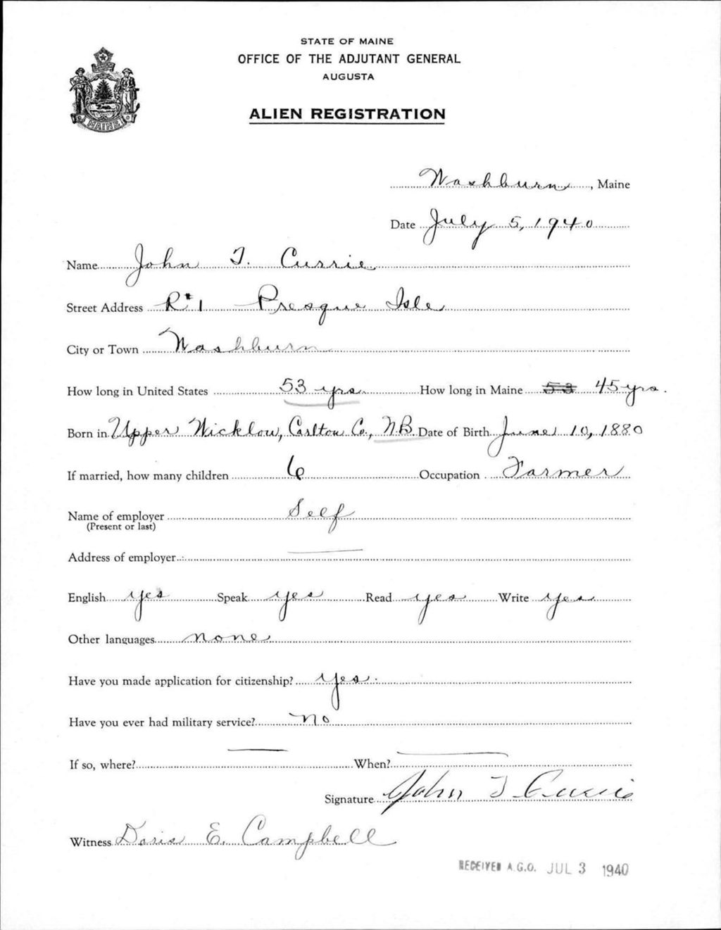 Miniature of Alien Registration- Currie, John T. (Wade, Aroostook County)
