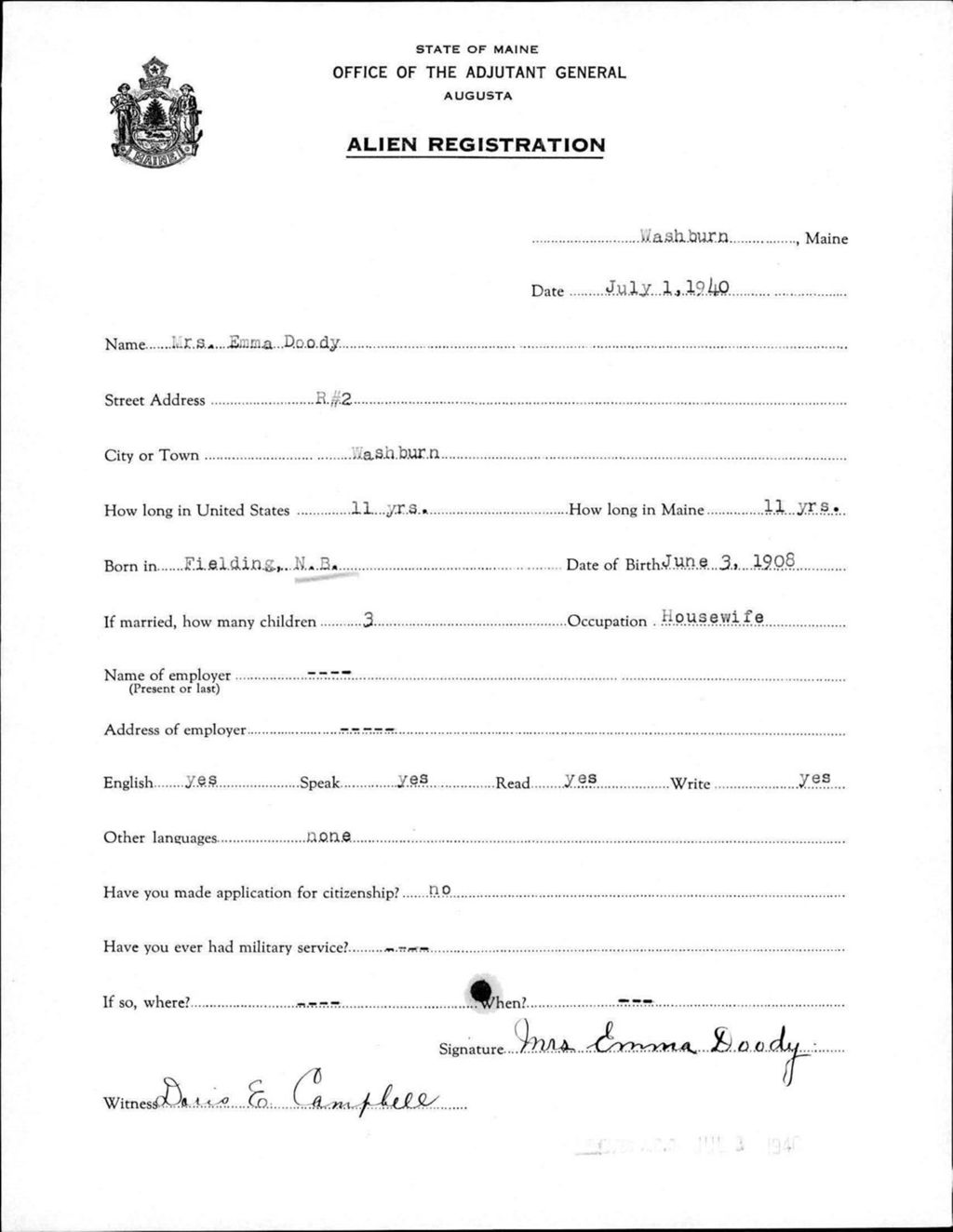 Miniature of Alien Registration- Doody, Emma (Wade, Aroostook County)