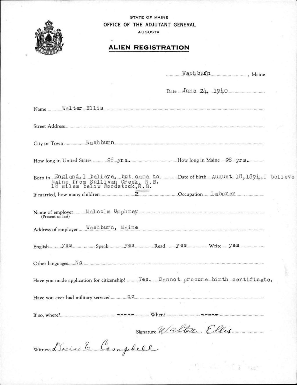 Miniature of Alien Registration- Ellis, Walter (Wade, Aroostook County)
