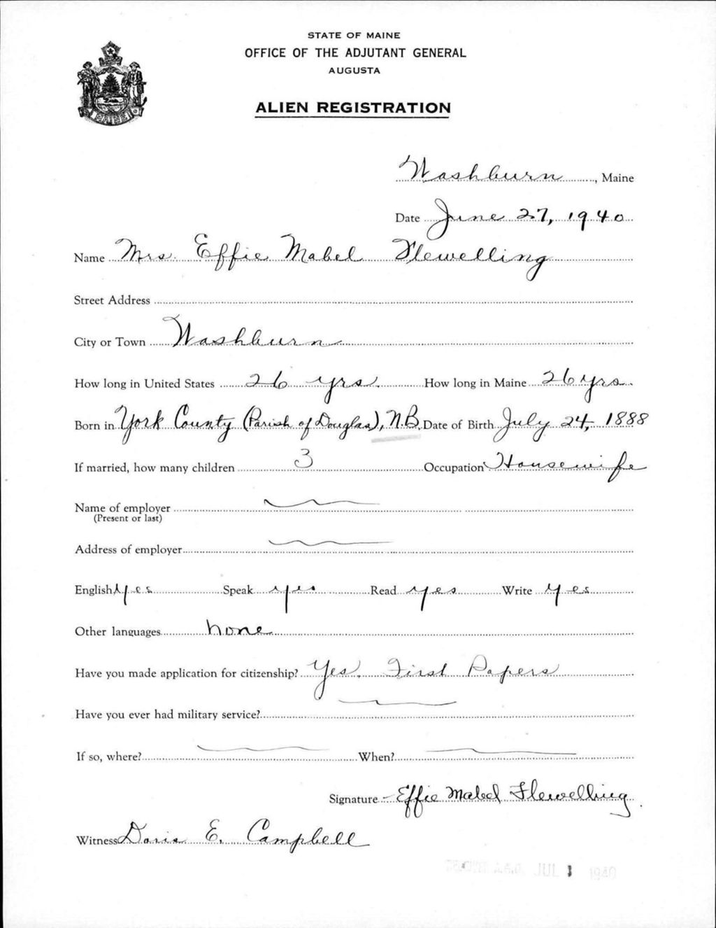 Miniature of Alien Registration- Flewelling, Effie M. (Wade, Aroostook County)