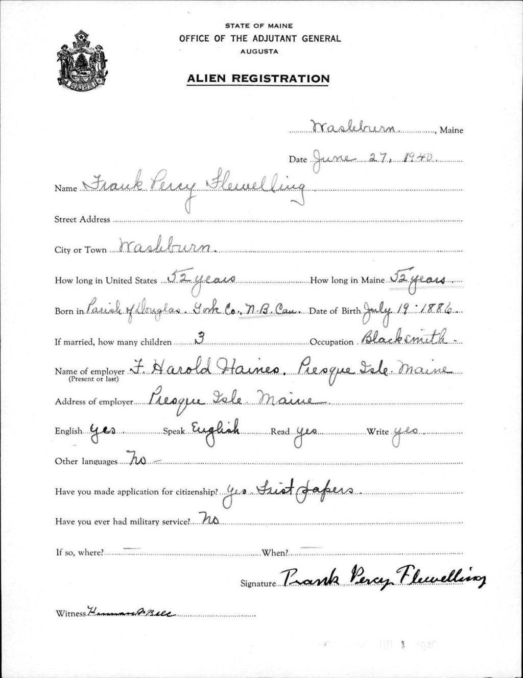 Miniature of Alien Registration- Flewelling, Frank P. (Wade, Aroostook County)