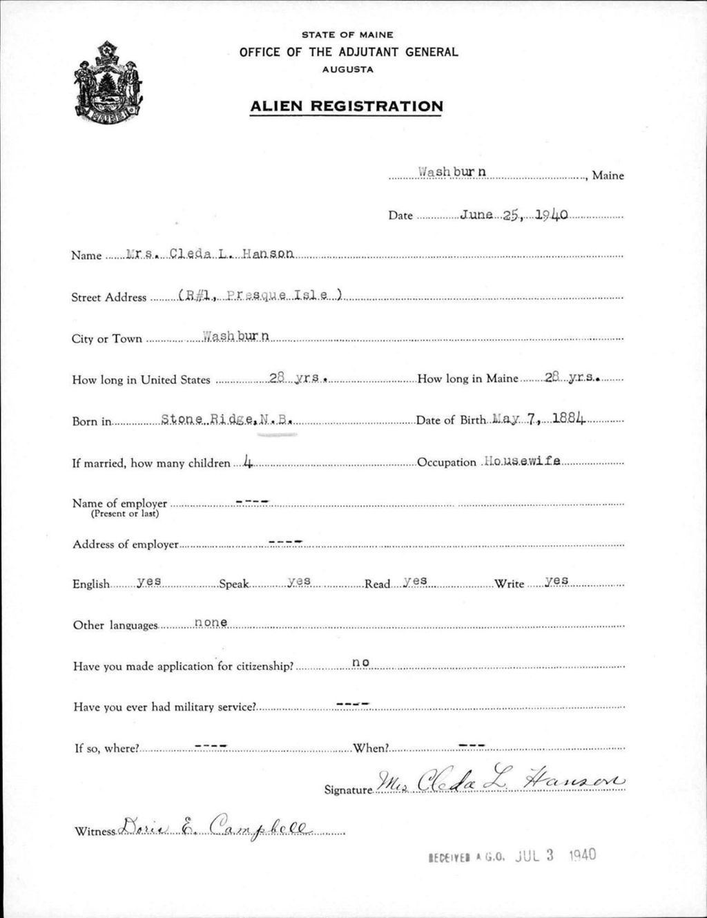 Miniature of Alien Registration- Hanson, Cleda L. (Wade, Aroostook County)