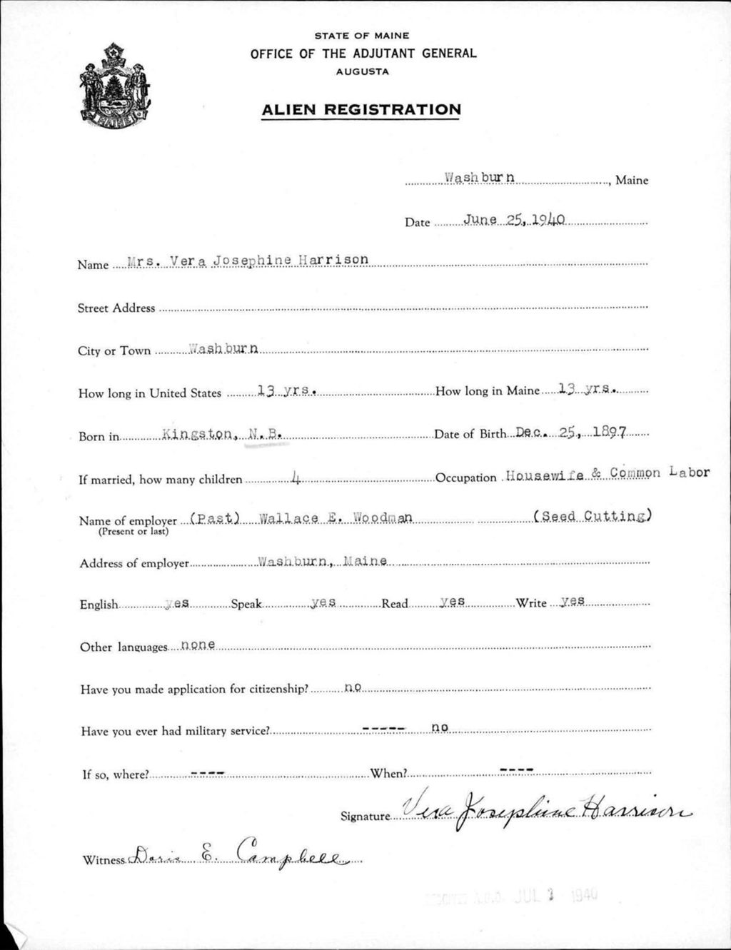 Miniature of Alien Registration- Harrison, Vera J. (Wade, Aroostook County)