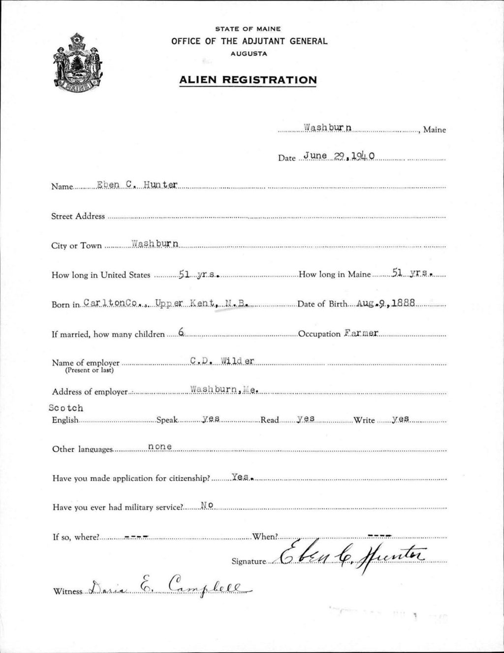 Miniature of Alien Registration- Hunter, Eben C. (Wade, Aroostook County)