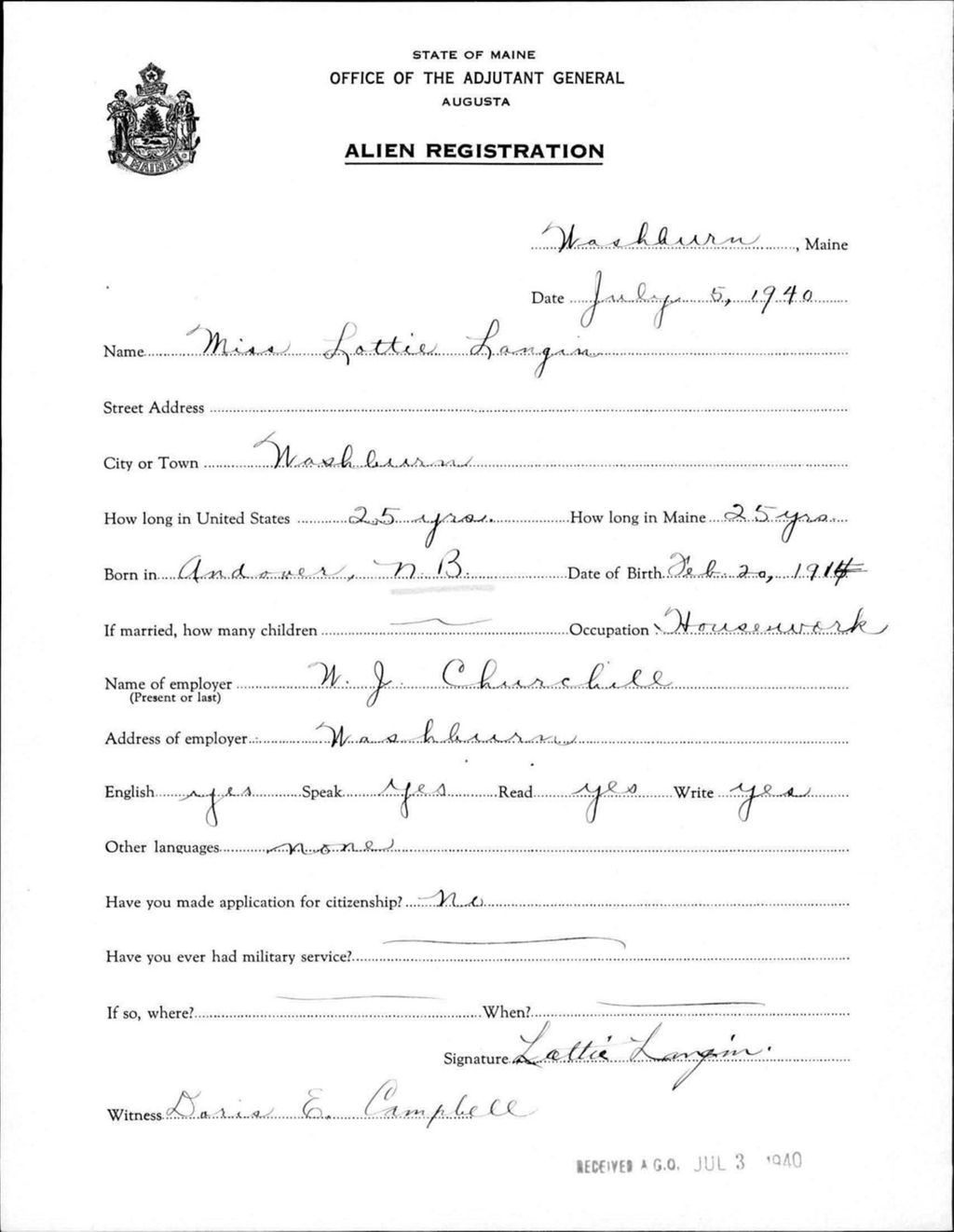 Miniature of Alien Registration- Langin, Lottie (Wade, Aroostook County)