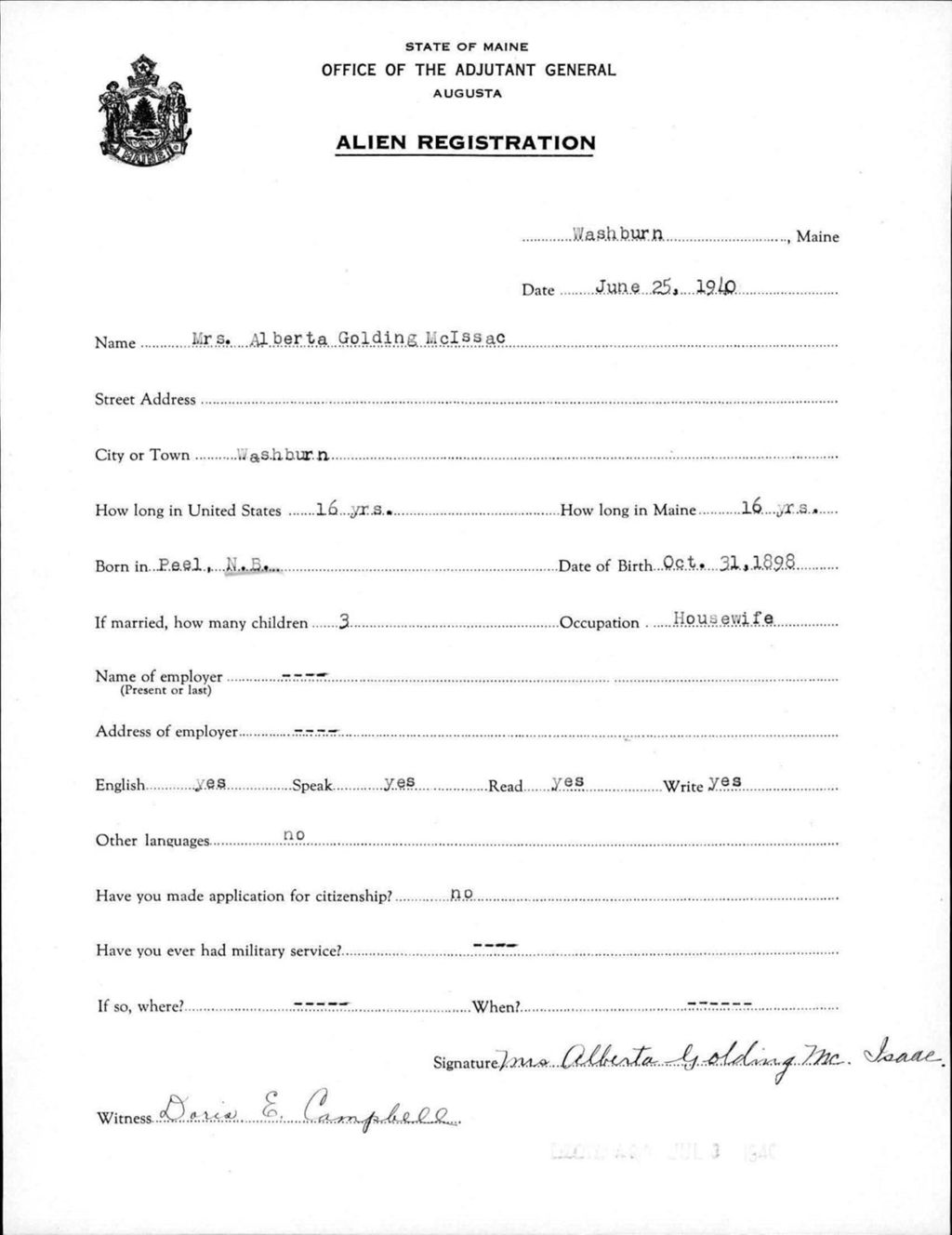 Miniature of Alien Registration- Golding, Alberta (Wade, Aroostook County)