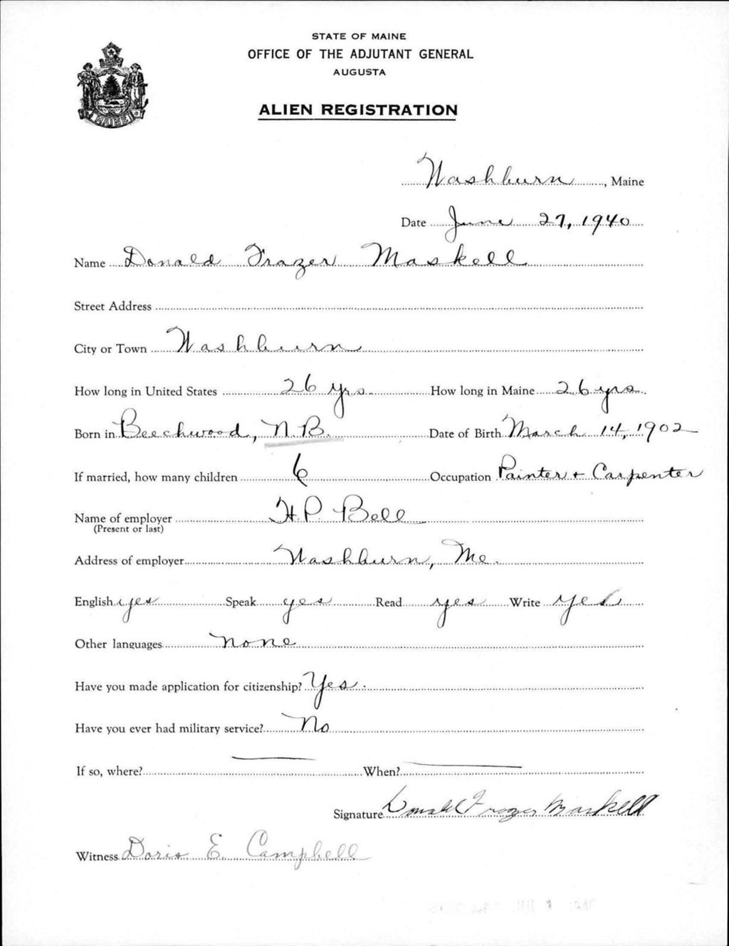 Miniature of Alien Registration- Maskell, Donald F. (Wade, Aroostook County)
