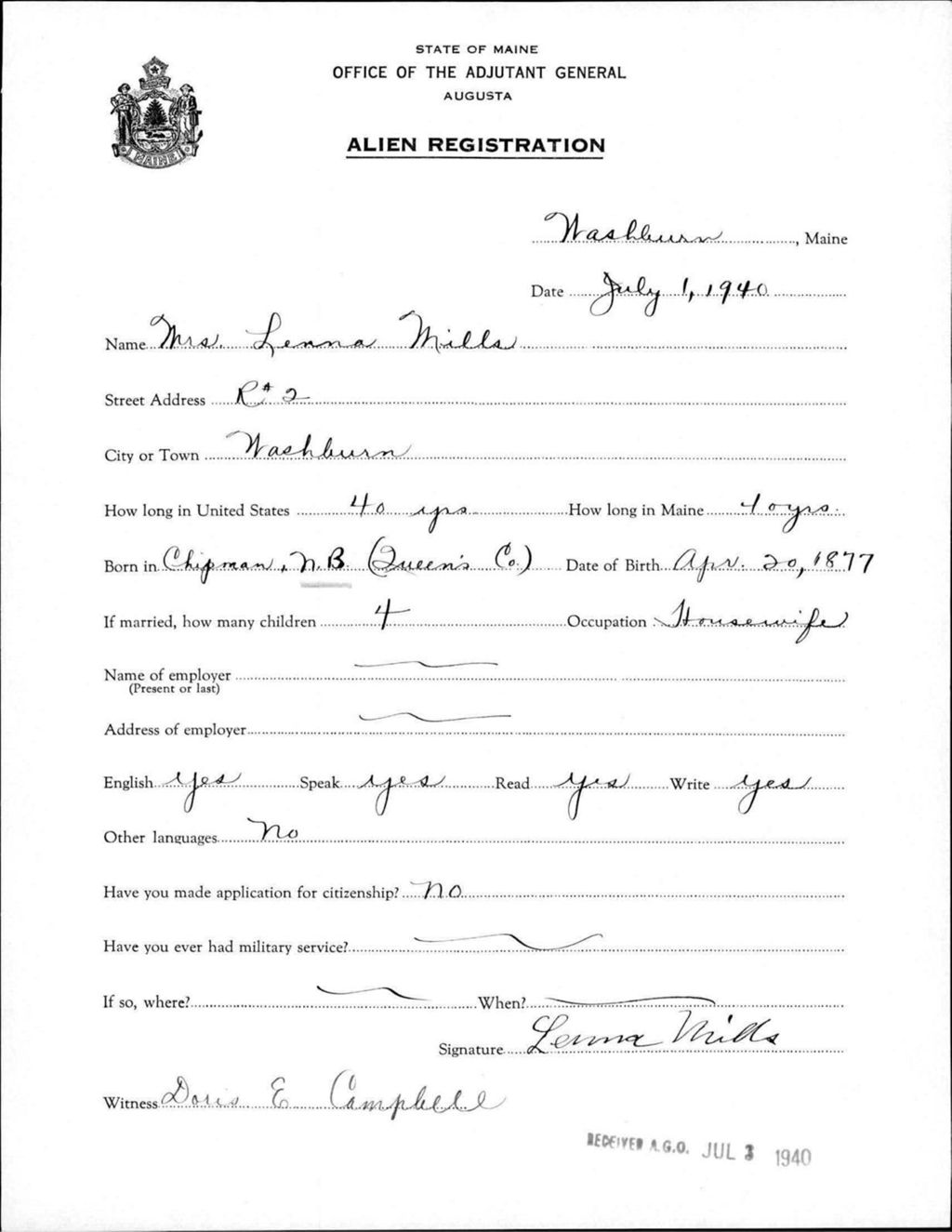 Miniature of Alien Registration- Mills, Lenna (Wade, Aroostook County)