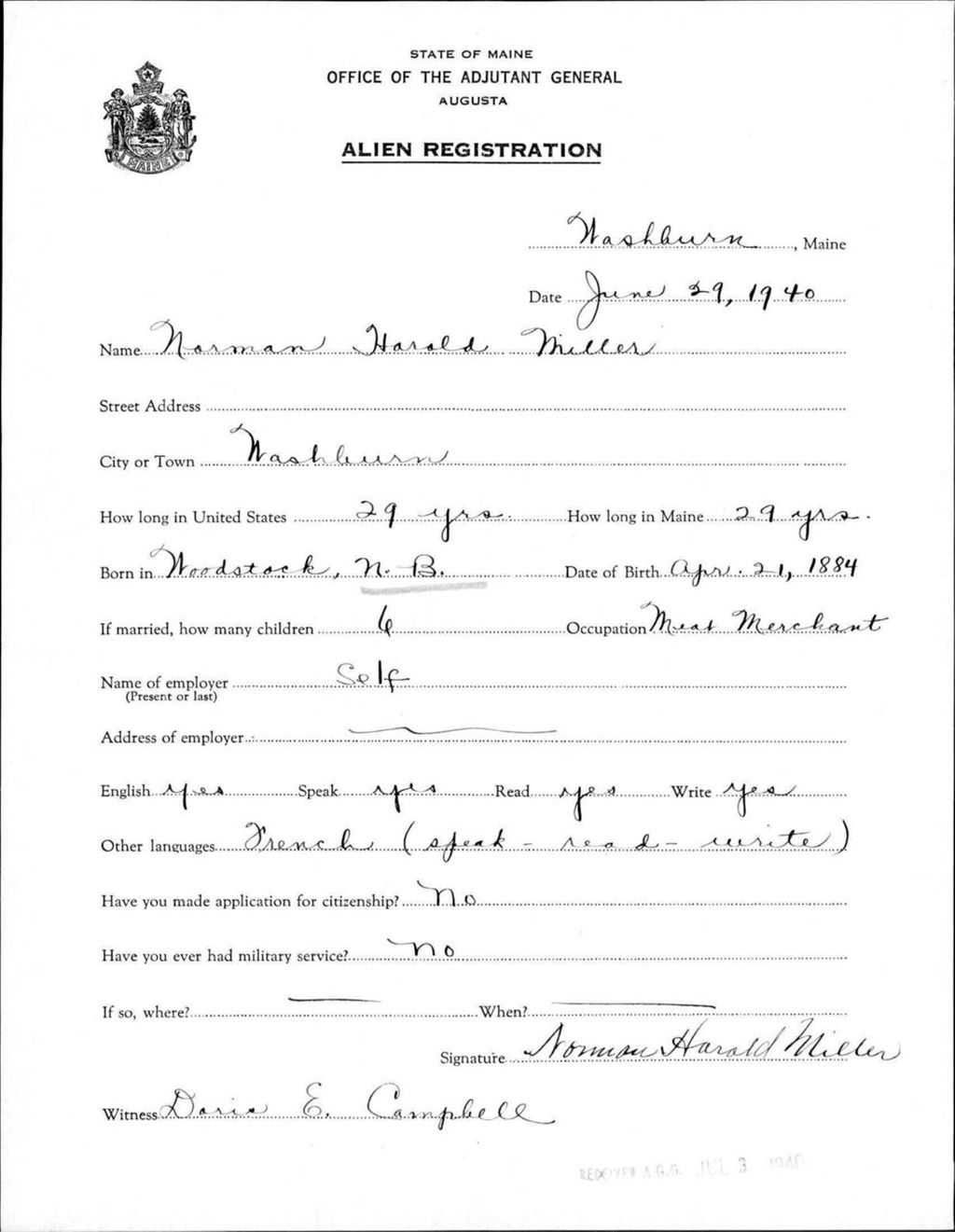 Miniature of Alien Registration- Miller, Norman H. (Wade, Aroostook County)