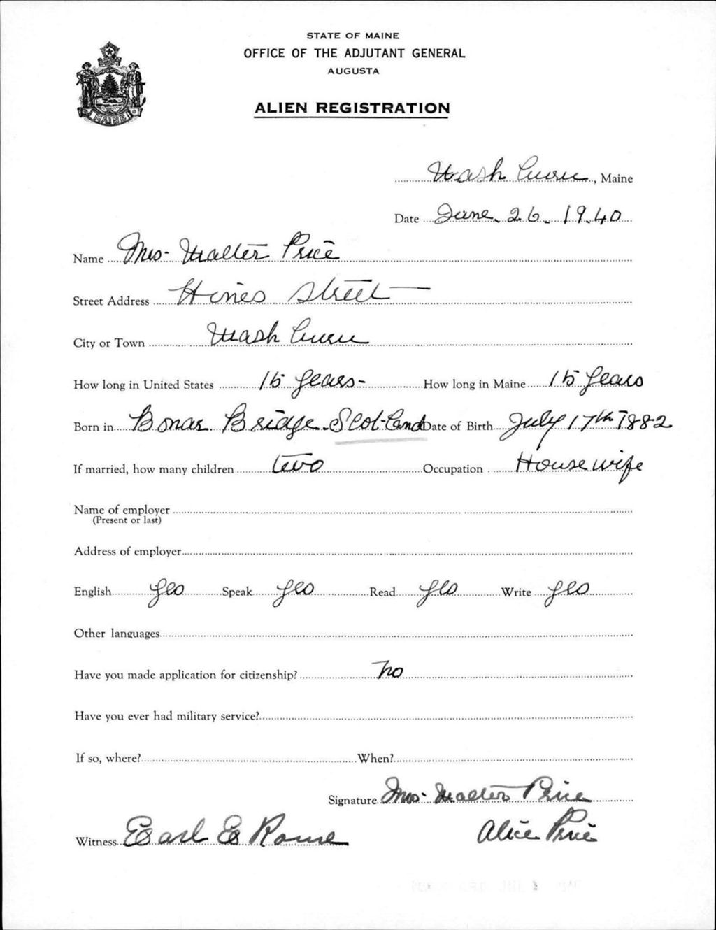 Miniature of Alien Registration- Price, Alice (Wade, Aroostook County)