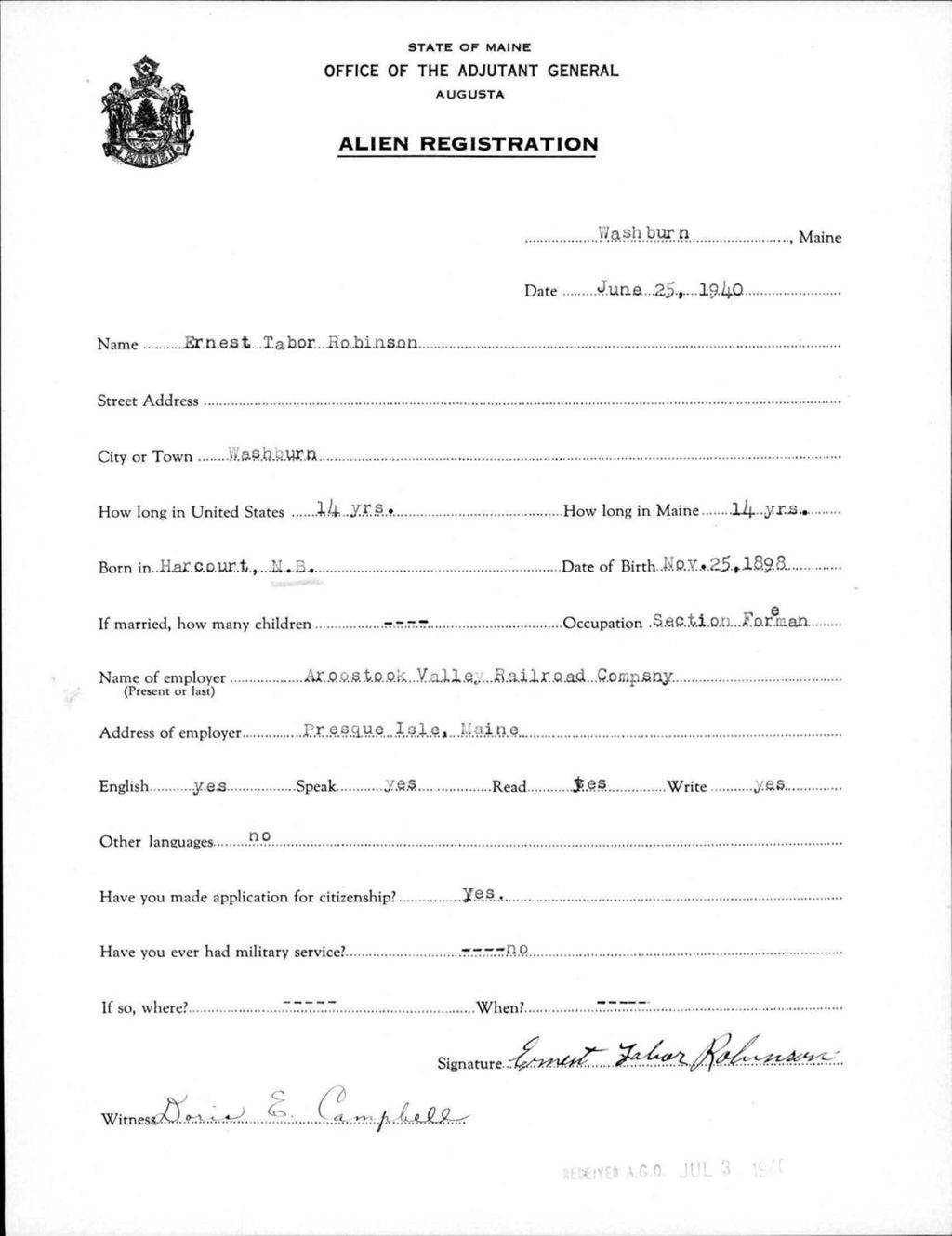 Miniature of Alien Registration- Robinson, Ernest T. (Wade, Aroostook County)