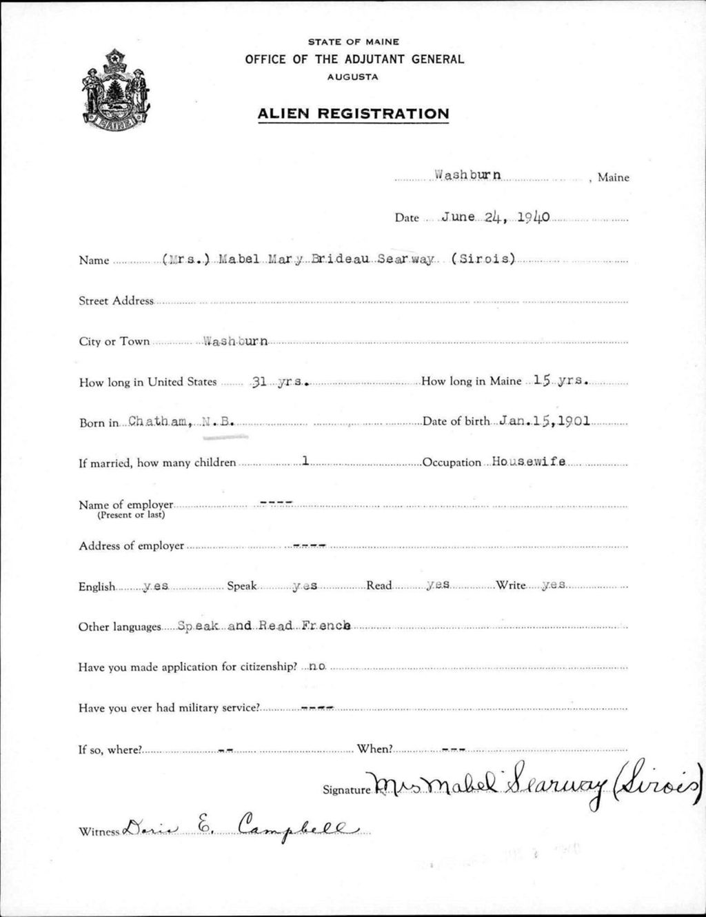 Miniature of Alien Registration- Brideau, Mabel M. (Wade, Aroostook County)