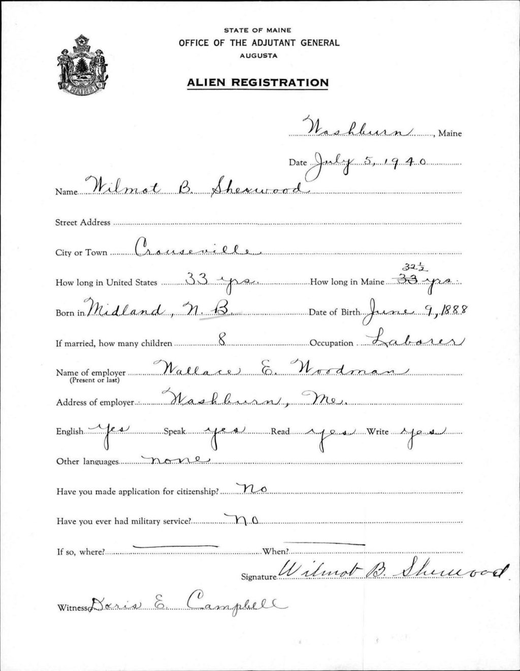 Miniature of Alien Registration- Sherwood, Wilmot B. (Wade, Aroostook County)