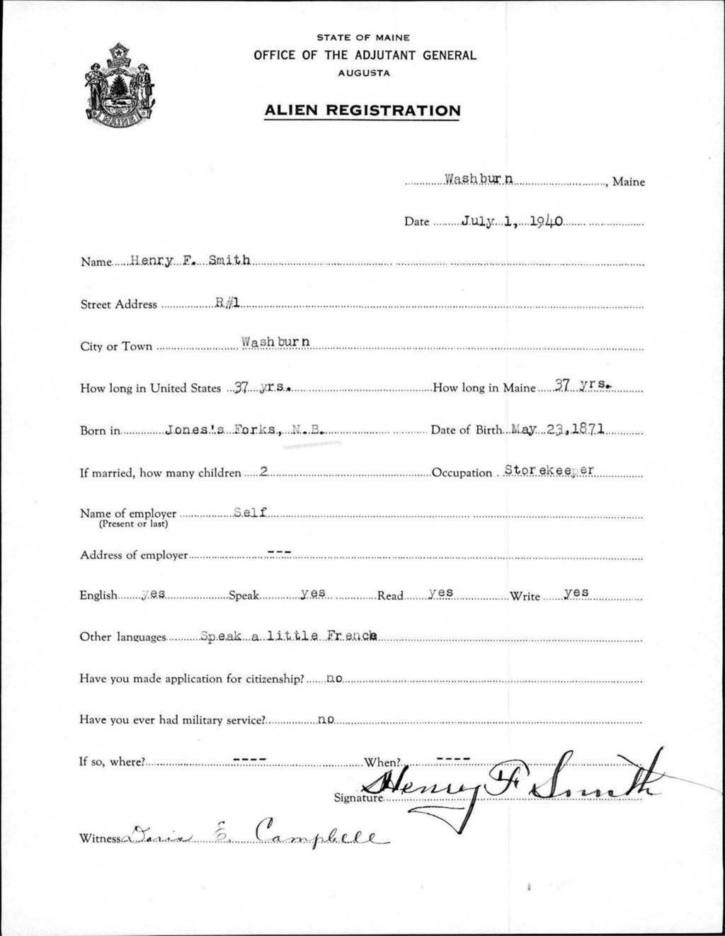 Miniature of Alien Registration- Smith, Henry F. (Wade, Aroostook County)