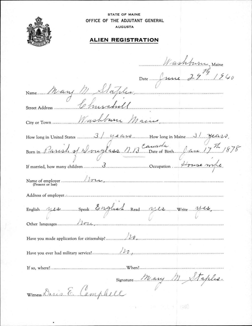 Miniature of Alien Registration- Staples, Mary M. (Wade, Aroostook County)