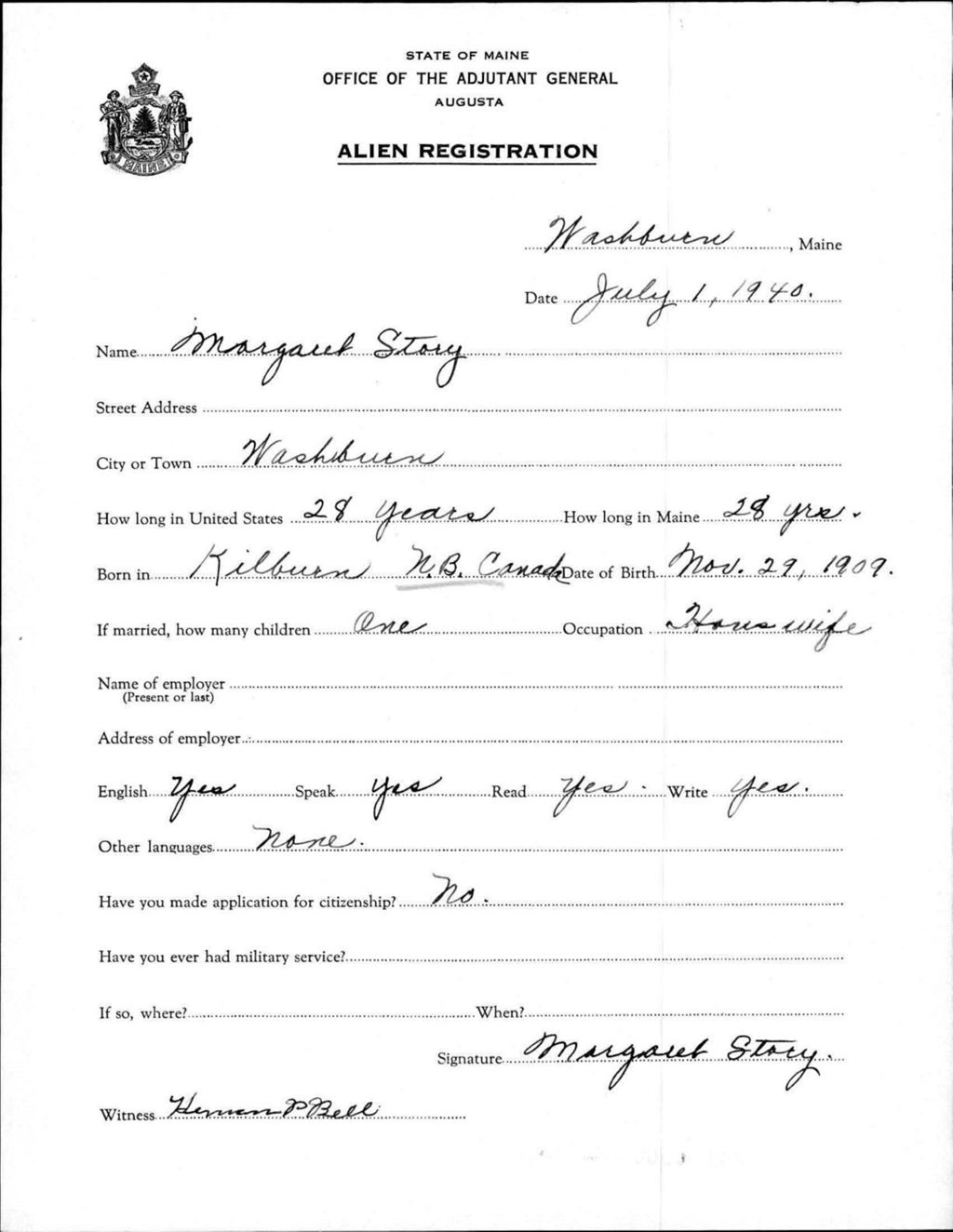 Miniature of Alien Registration- Story, Margaret (Wade, Aroostook County)